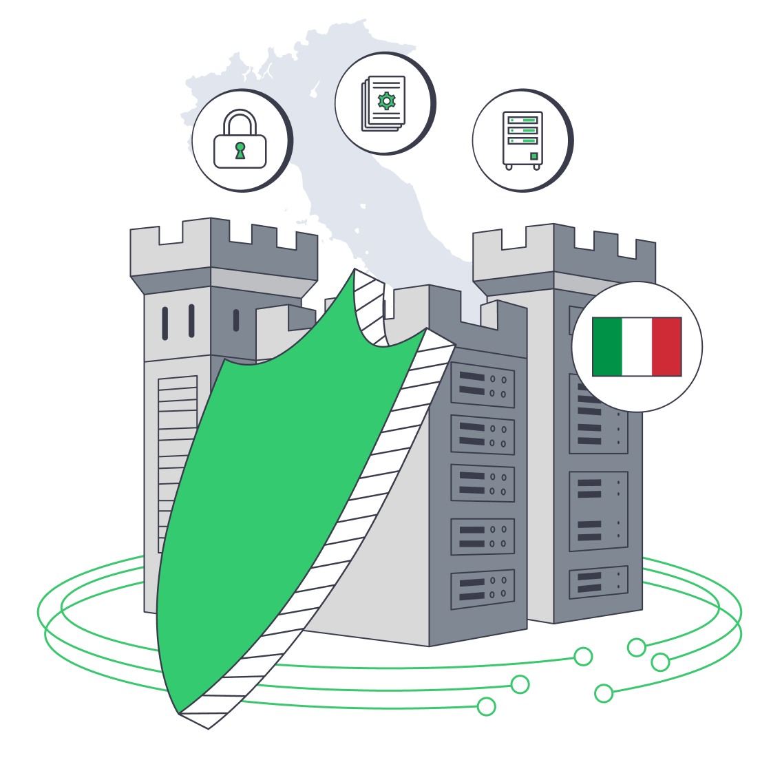 Illustration of Italian map made of servers with padlocks and compliance shield