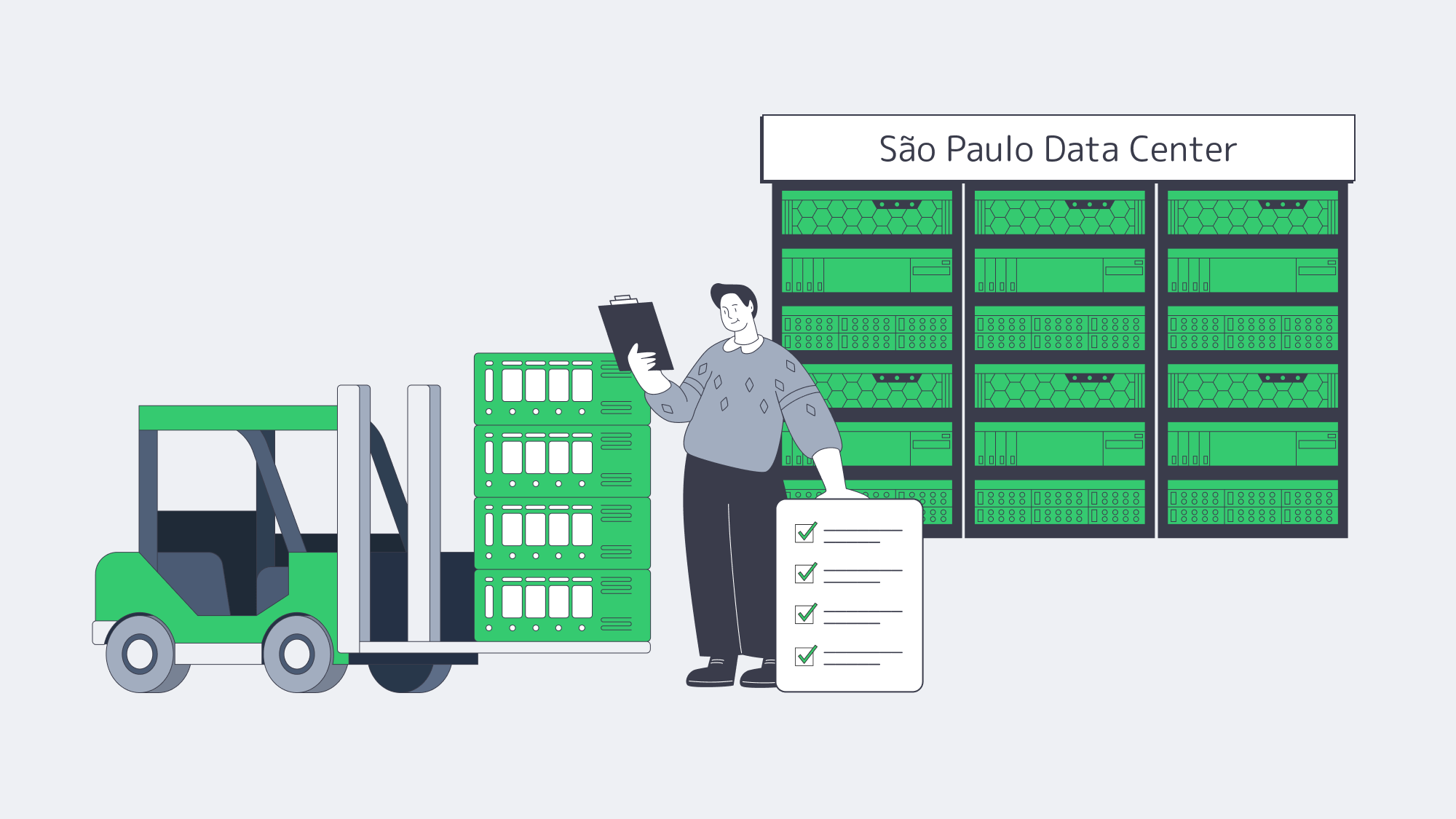Forklift delivering standardized server families into a São Paulo data center