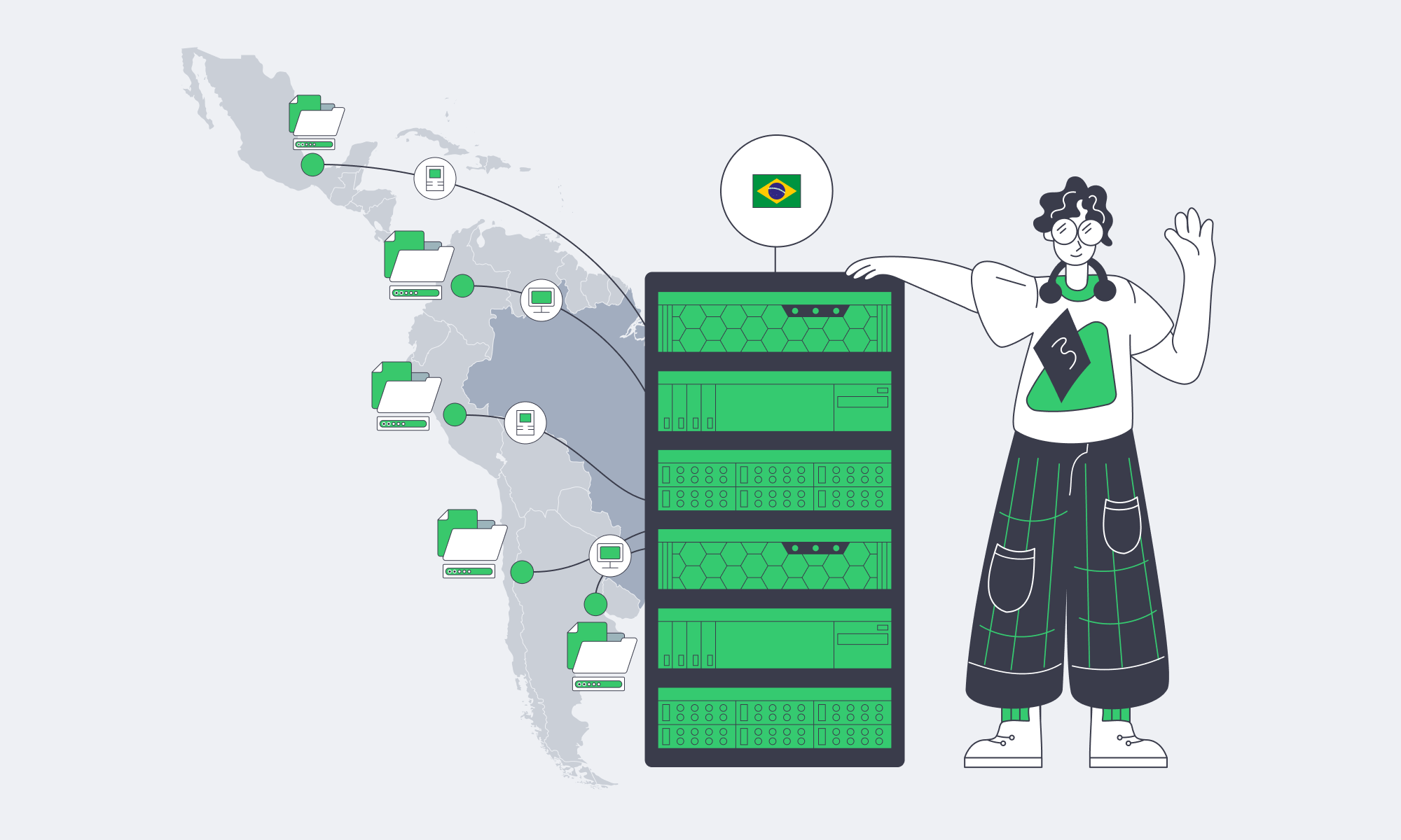 Map showing São Paulo origin feeding six secondary cache nodes across LatAm