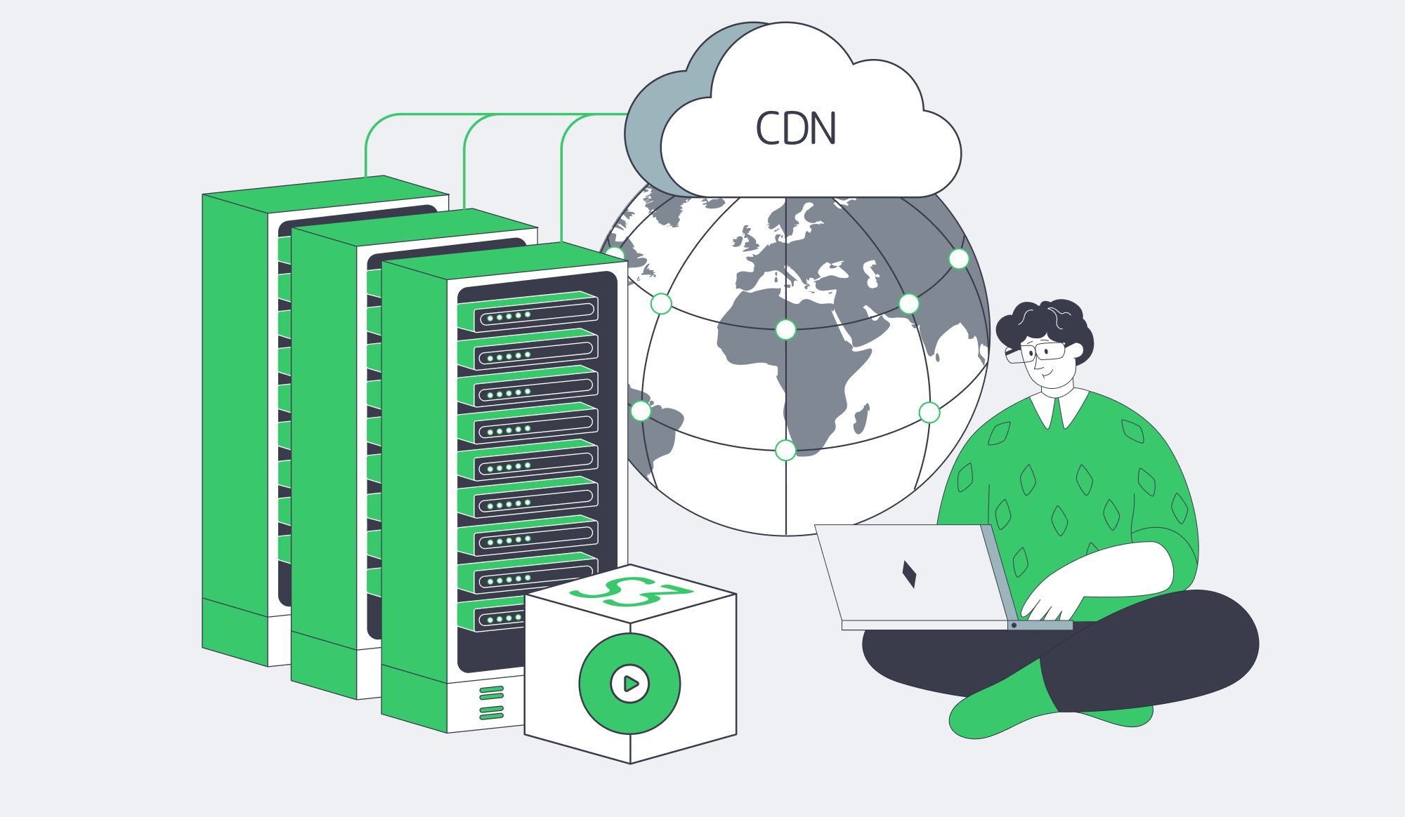 Illustration of streaming servers feeding a CDN and S3 storage for adult video hosting