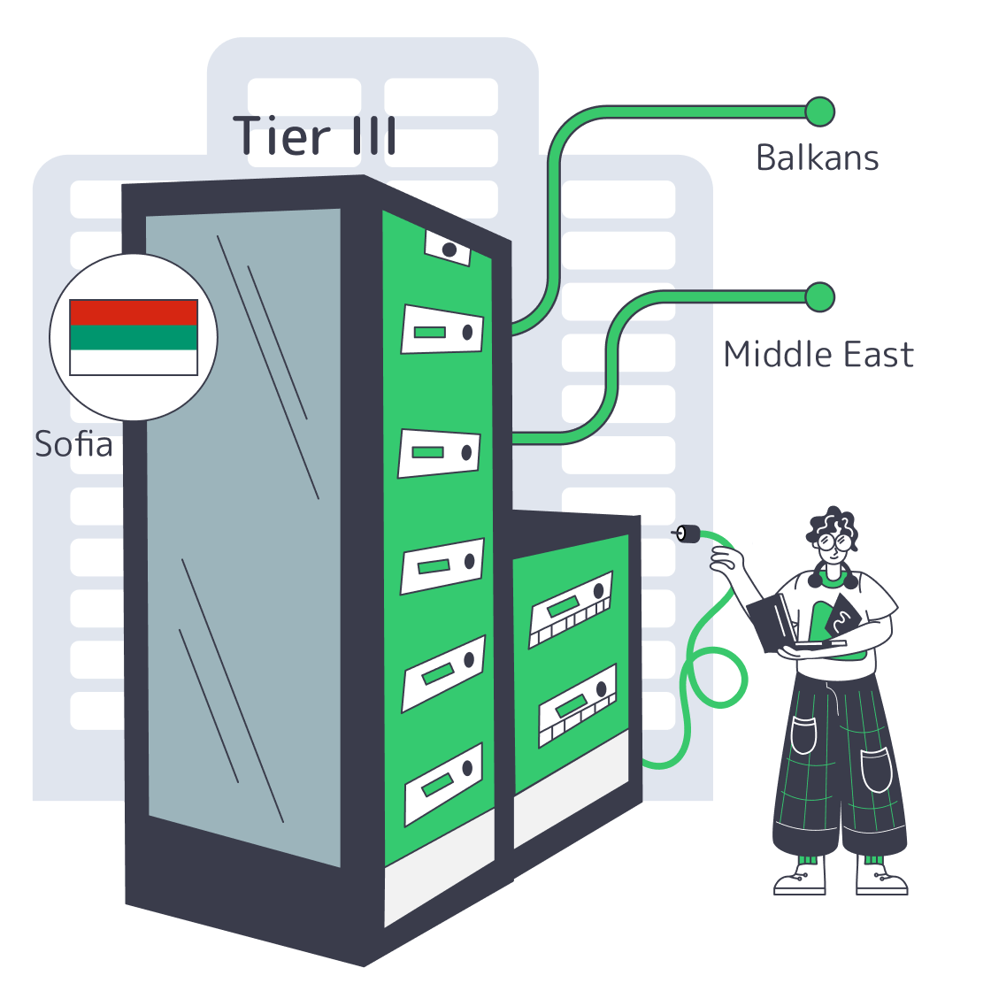 Sofia data center hub with server racks and fiber routes to Balkans and Middle East