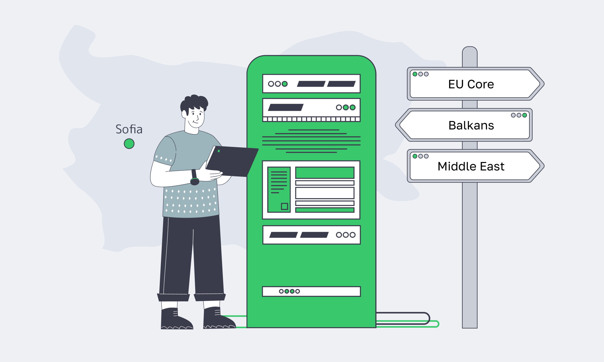 Server rack at a crossroads sign pointing to Balkans, EU core, and Middle East routes