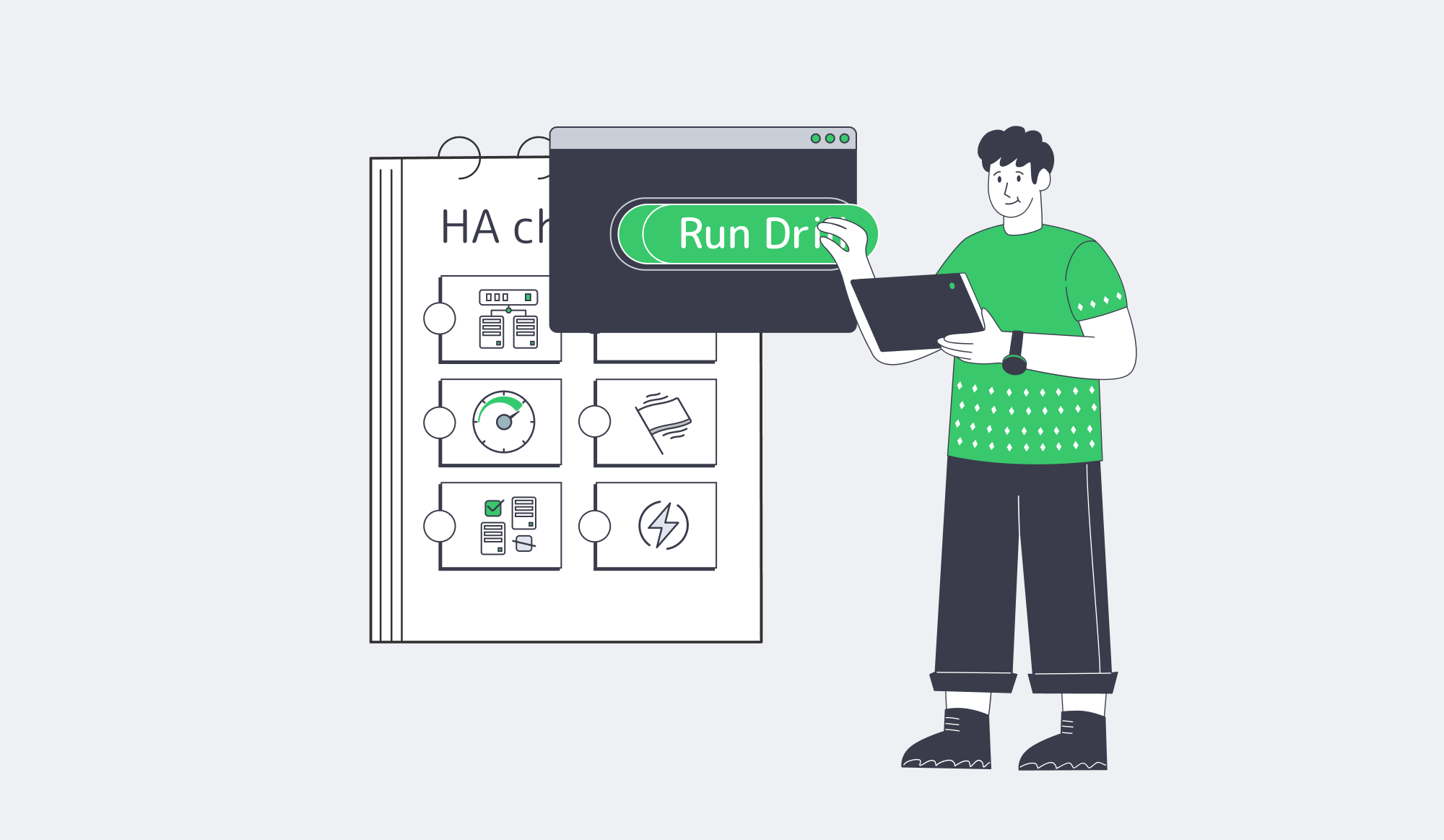 HA checklist with load balancing, headroom, quorum, canaries, and chaos testing