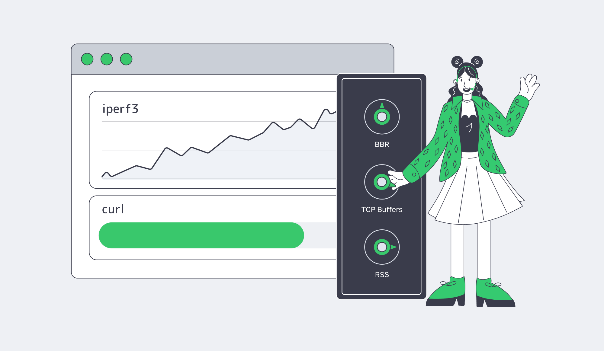 Kernel tuning illustration showing BBR, buffers, and RSS boosting iperf3 and HTTP throughput