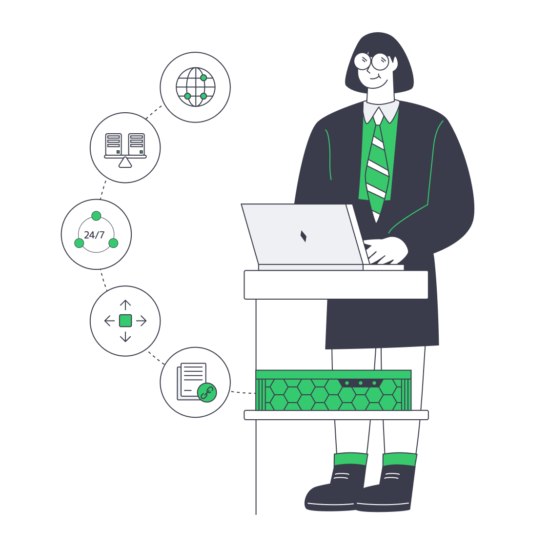 Dedicated server pricing drivers arranged around a server rack and invoice