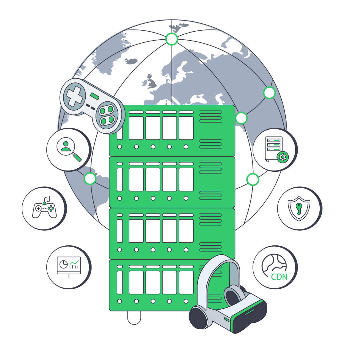 Global gaming infrastructure with servers, CDN nodes, and DDoS protection