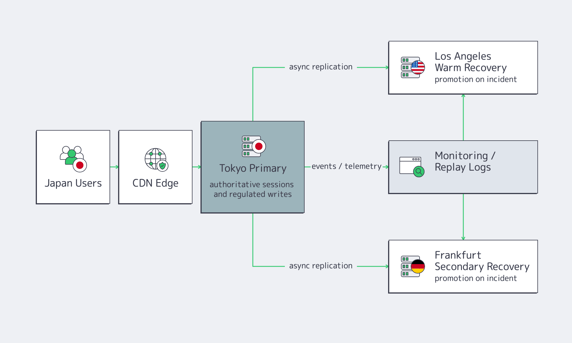 Diagram of Tokyo primary hosting with Los Angeles and Frankfurt failover