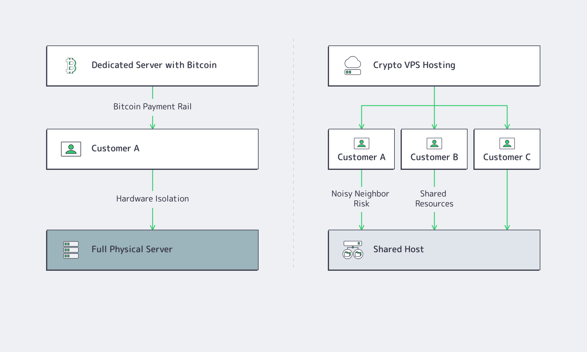 Dedicated server compared with crypto VPS shared hosting