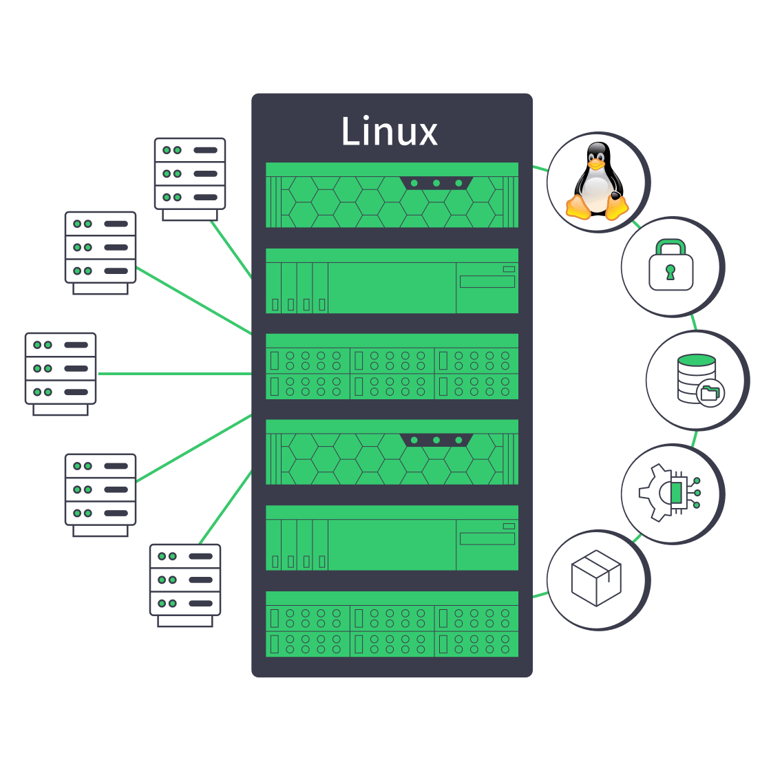 Linux dedicated server with security, automation, storage, and network controls