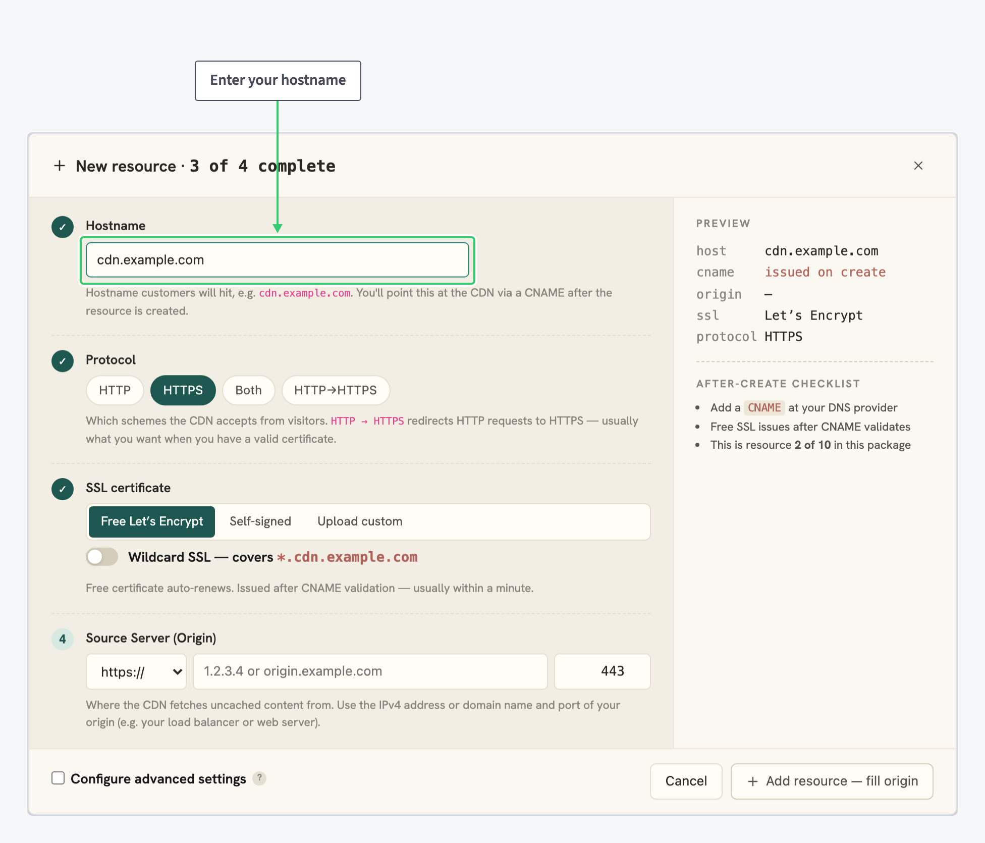 New resource wizard with the hostname field filled with cdn.example.com