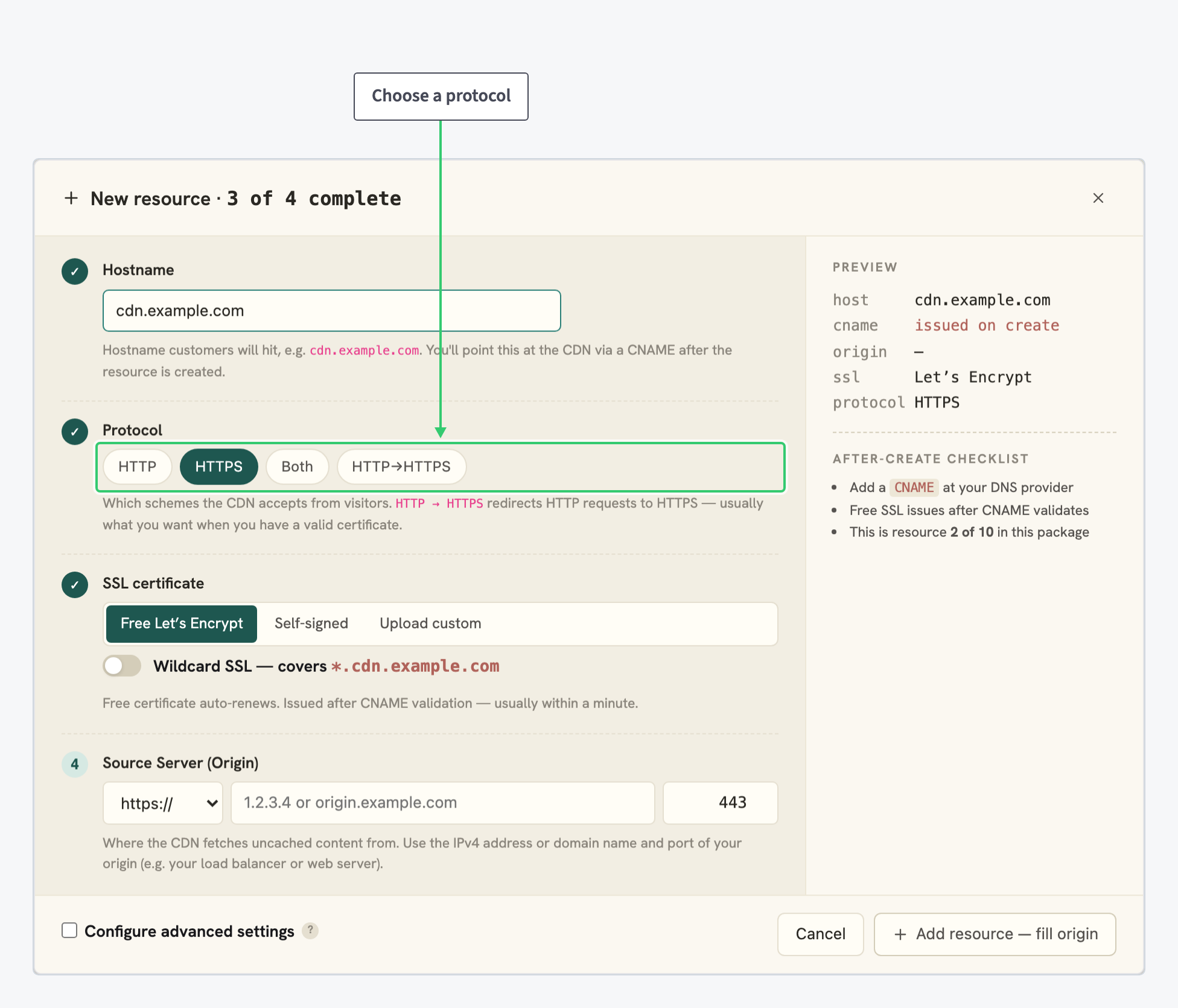 Protocol options in the new resource wizard with HTTPS selected