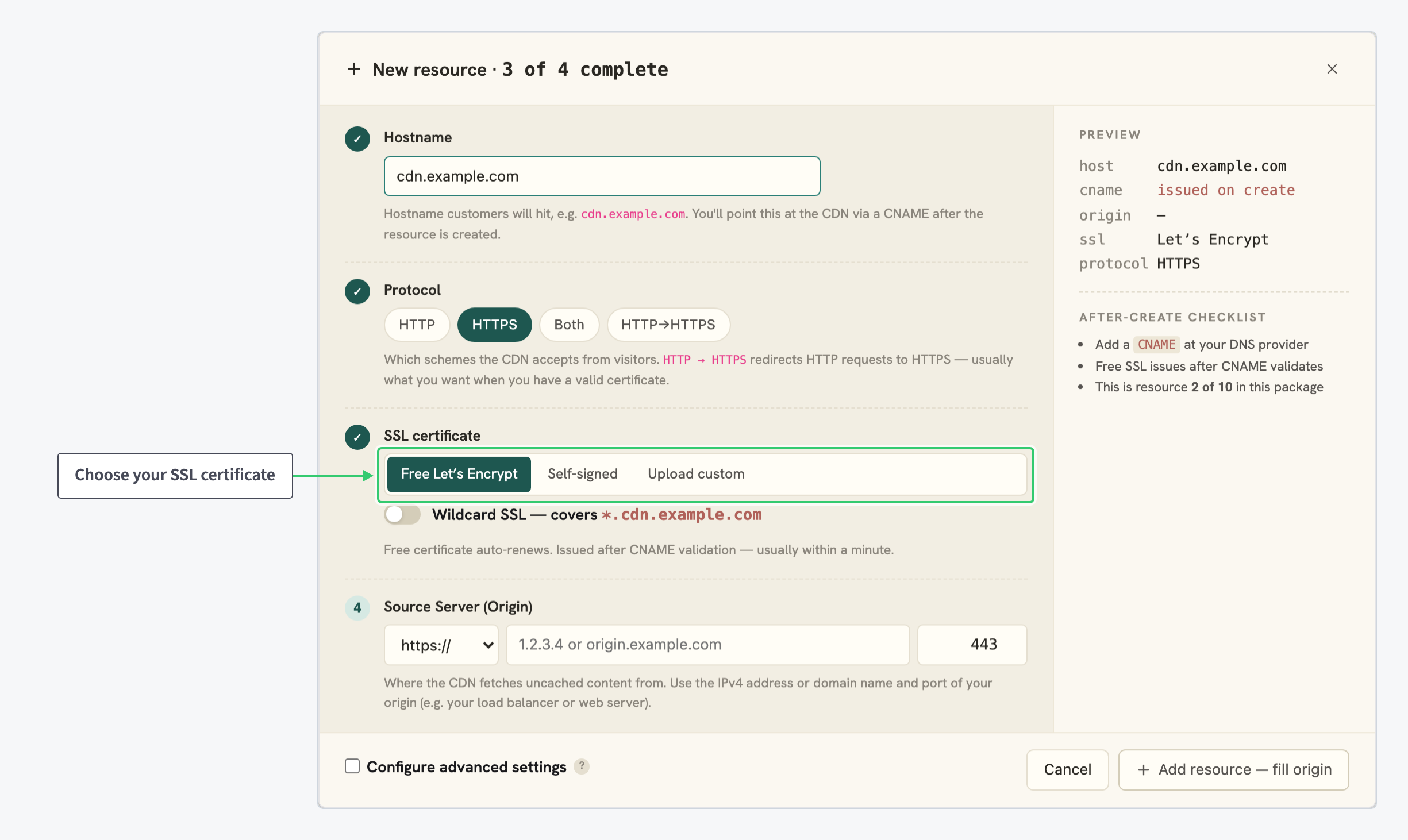 SSL certificate options with Free Lets Encrypt selected