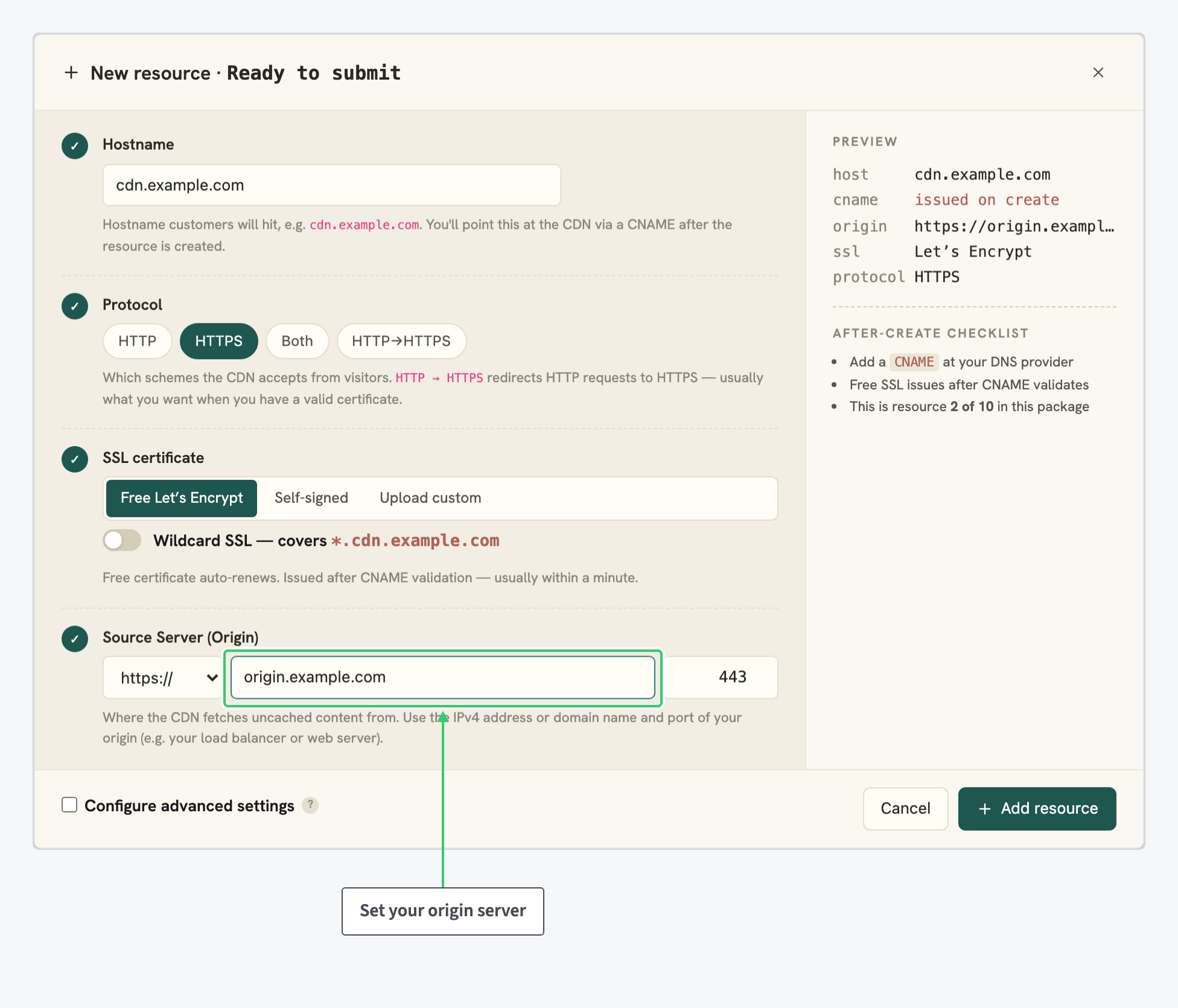 Source server origin field filled with origin.example.com