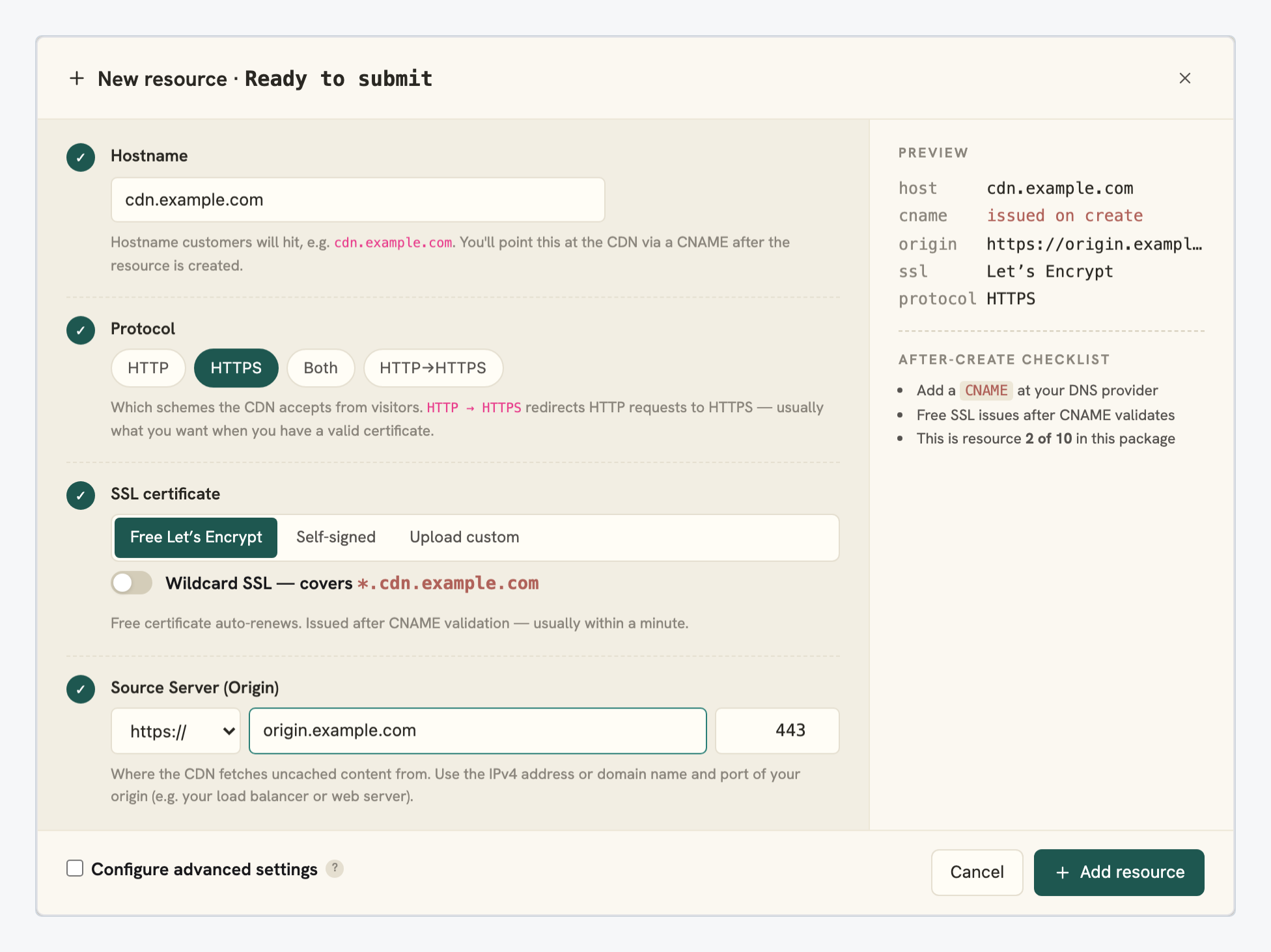 Preview panel and after-create checklist in the new resource wizard