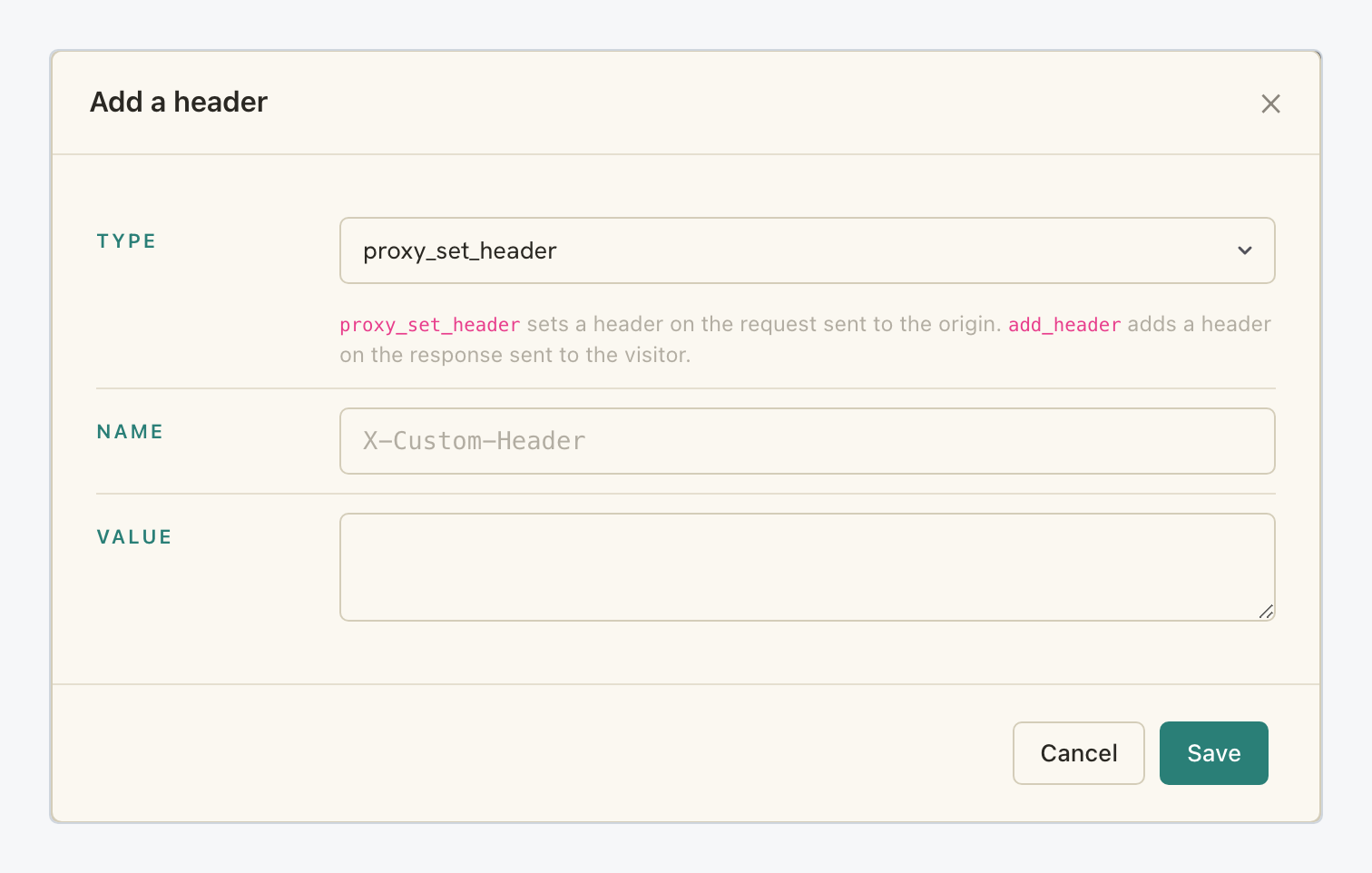 Add a header dialog with the type select, the name field and its placeholder, and the value field