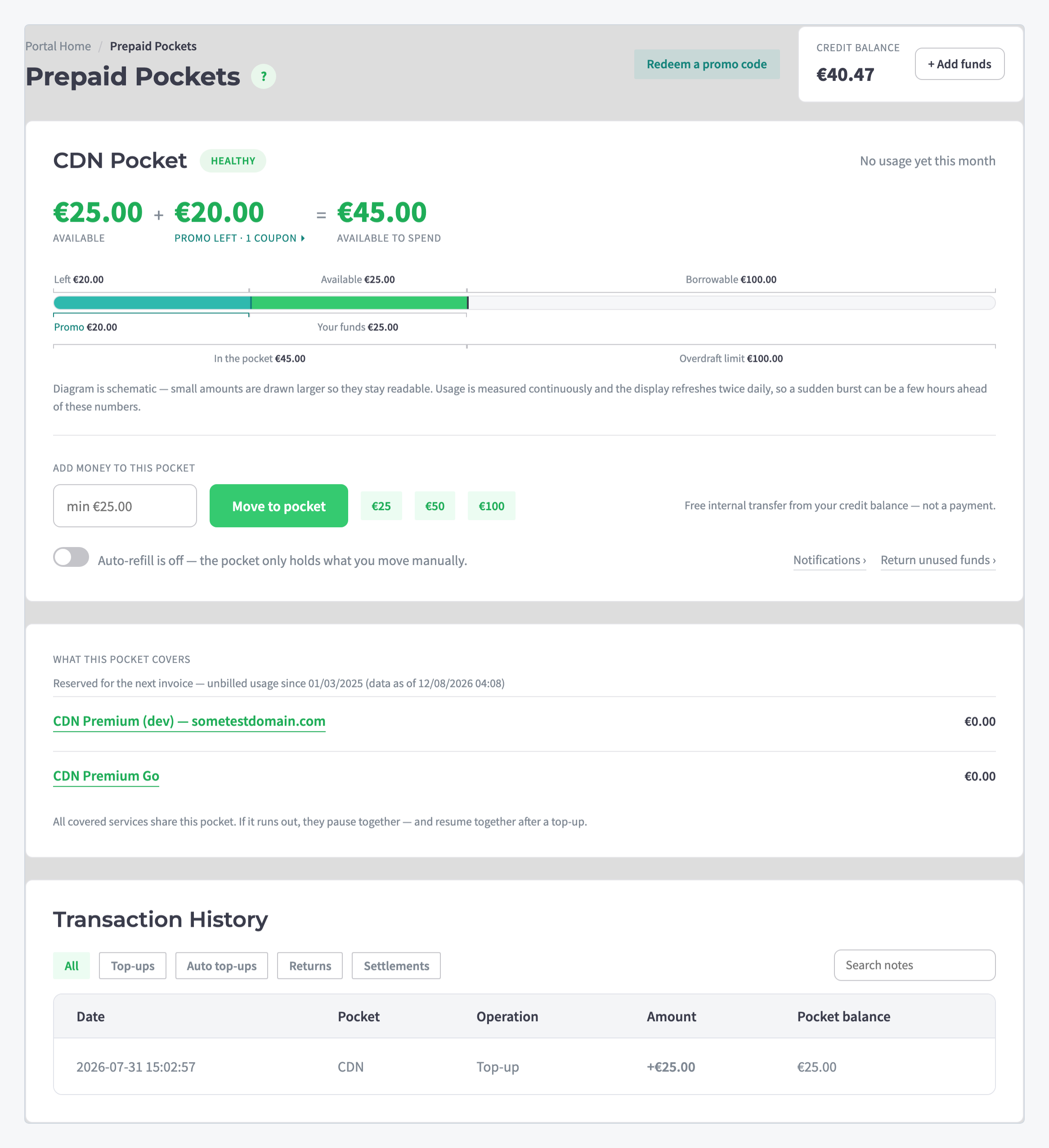 Prepaid Pockets page with the CDN Pocket card, covered services and transaction history