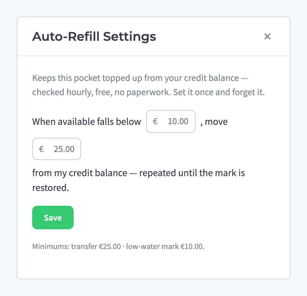 Auto-Refill Settings with the threshold and transfer amounts and the Save button