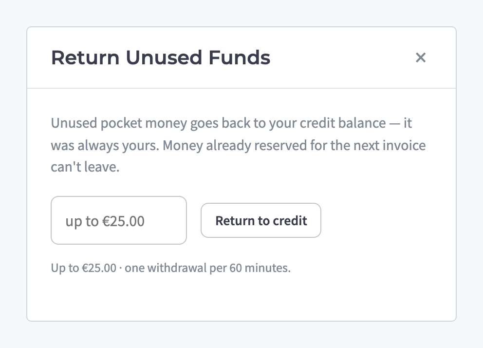 Return Unused Funds drawer with the amount field and hourly limit