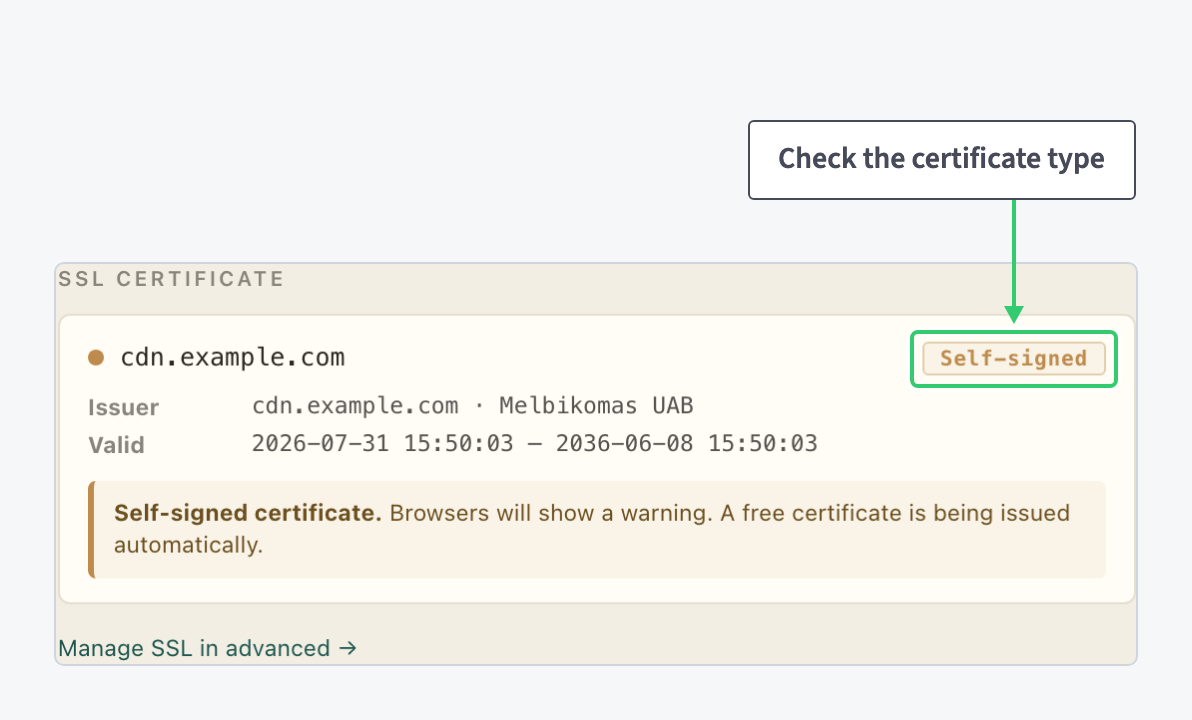 SSL certificate status on the resource settings page