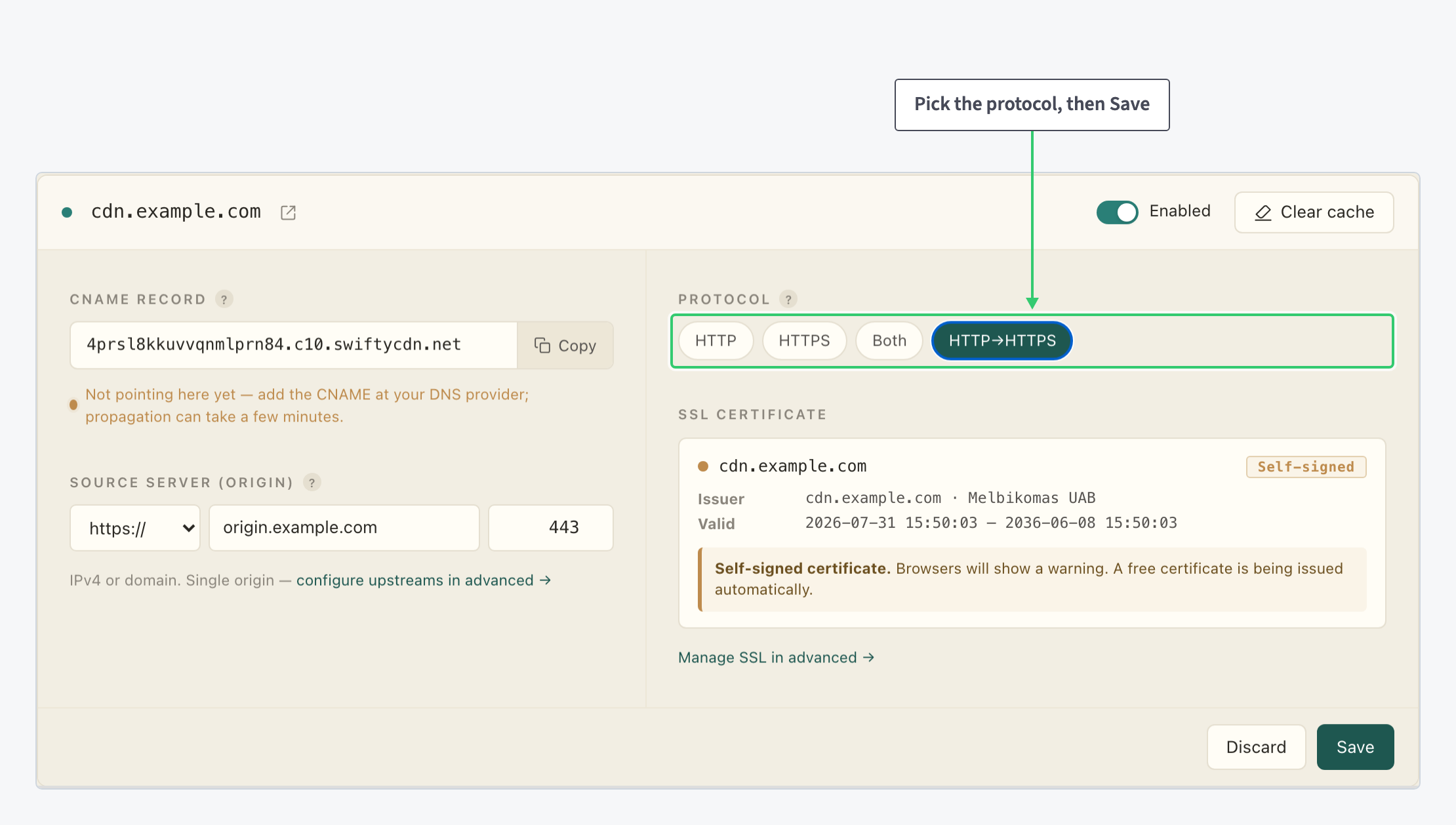 Protocol options on the resource settings page with HTTP to HTTPS selected