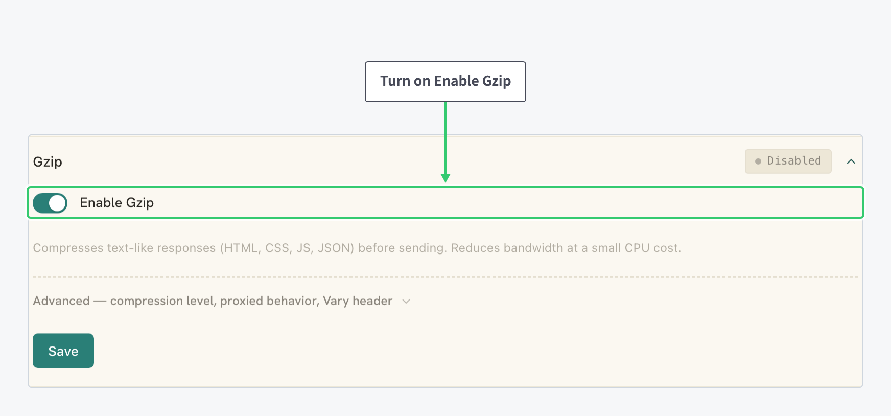 Expanded Gzip editor with the Enable Gzip toggle and its Save button