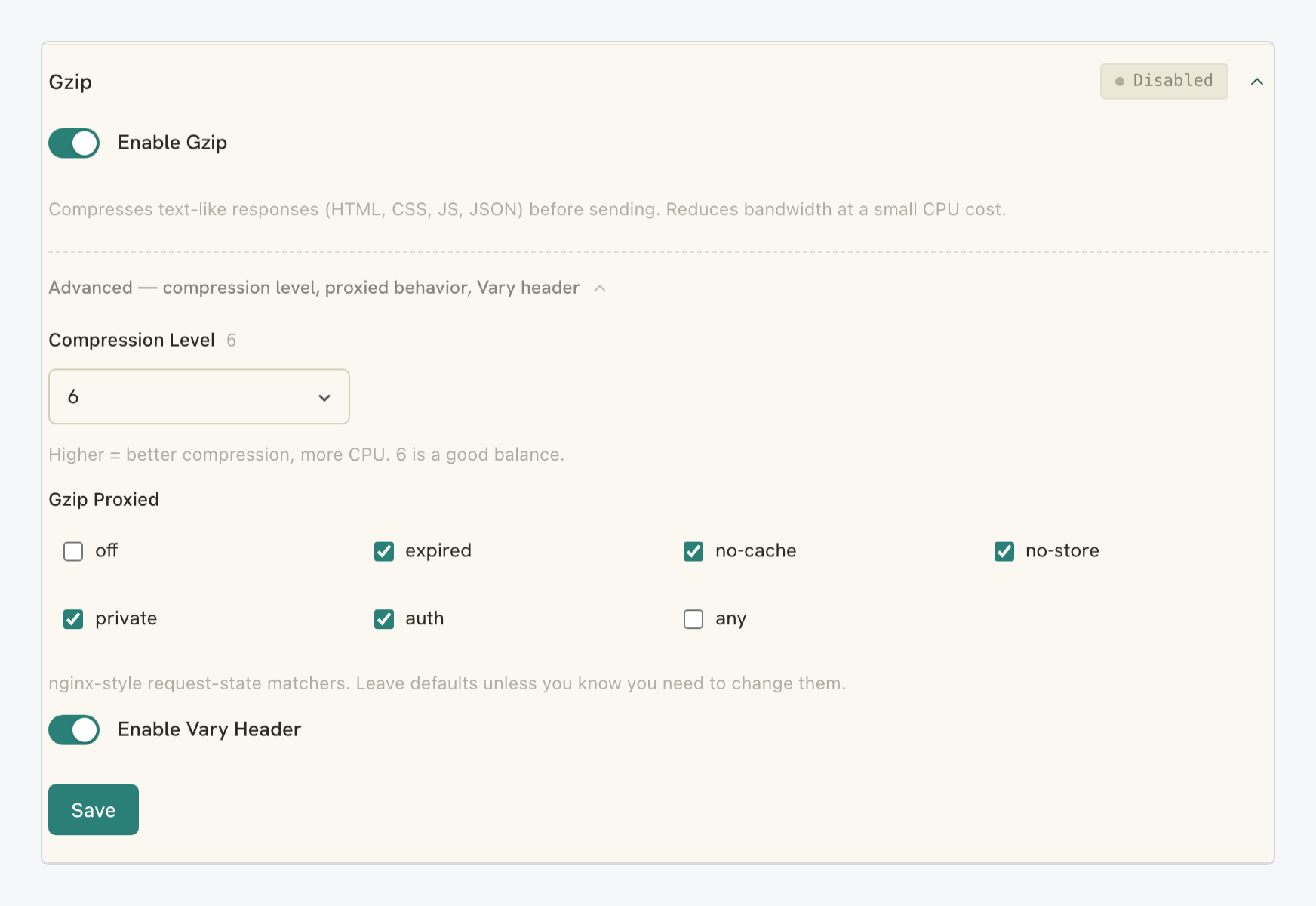 Gzip advanced fields: compression level, Gzip Proxied conditions and the Vary header toggle