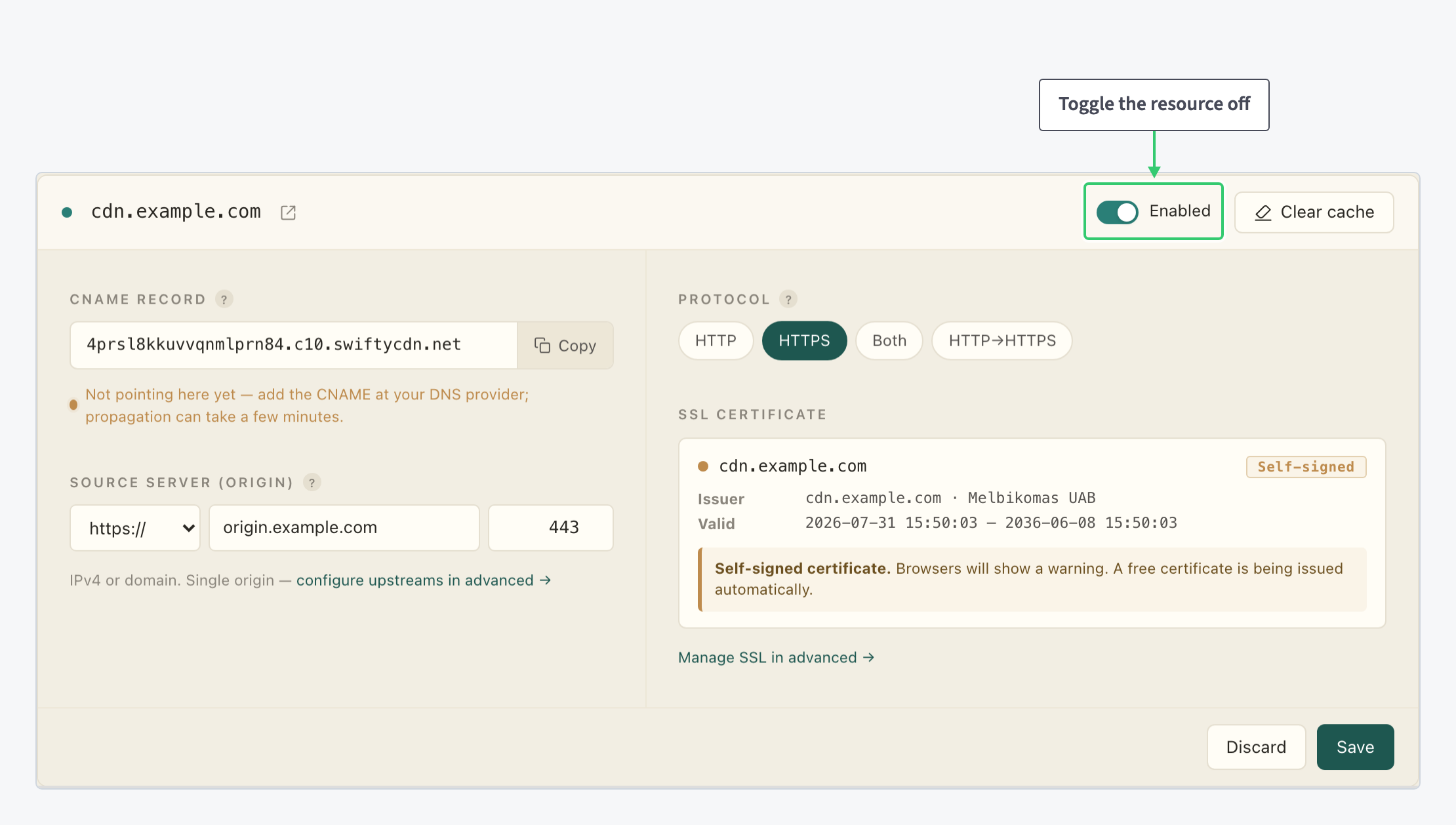 Resource settings page with the Enabled toggle in the header highlighted