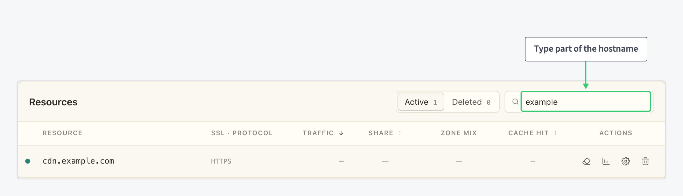 Resources table filtered by a hostname fragment typed into the search box