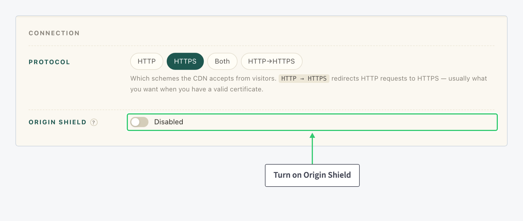 Origin Shield row in the Connection area with its toggle reading Disabled
