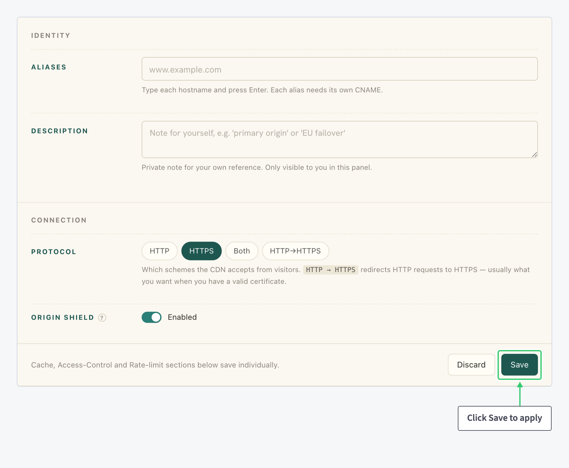 Origin Shield staged to Enabled with the form Save button below
