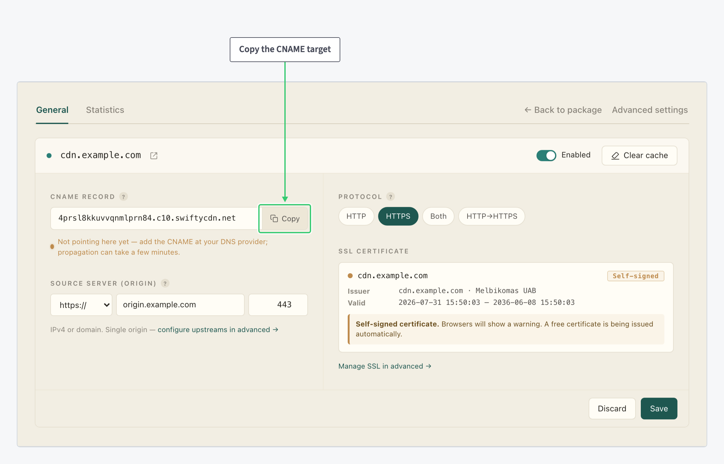 Resource settings with the CNAME record field and its Copy button highlighted