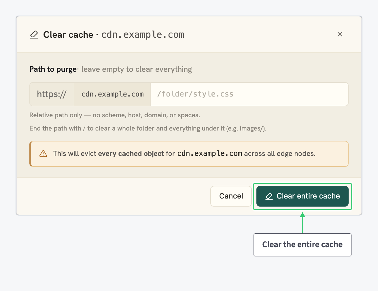 Clear cache dialog with an empty path and the Clear entire cache button