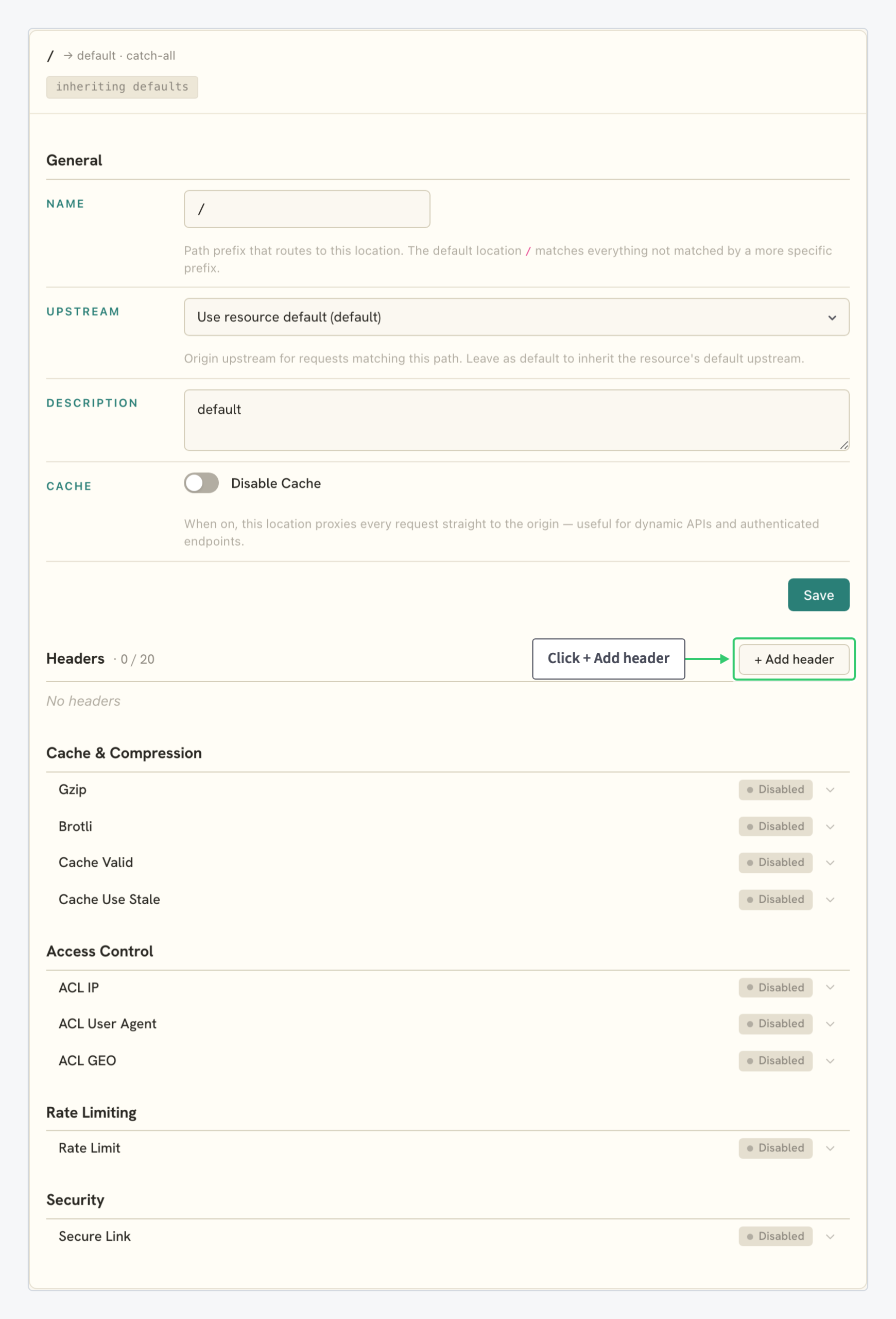 Expanded location card with the Headers group and the + Add header button