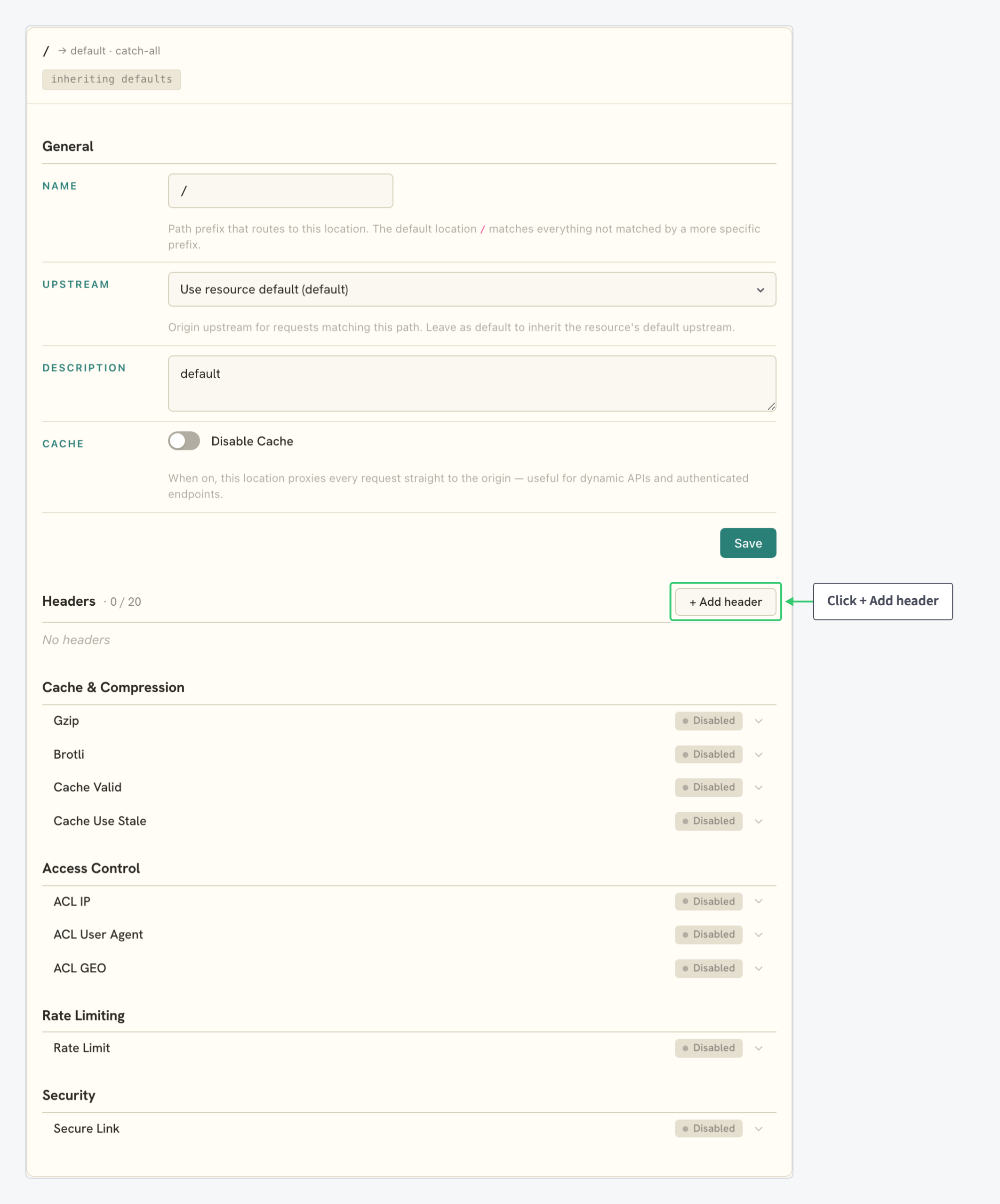 Expanded location card with the Headers group and the + Add header button