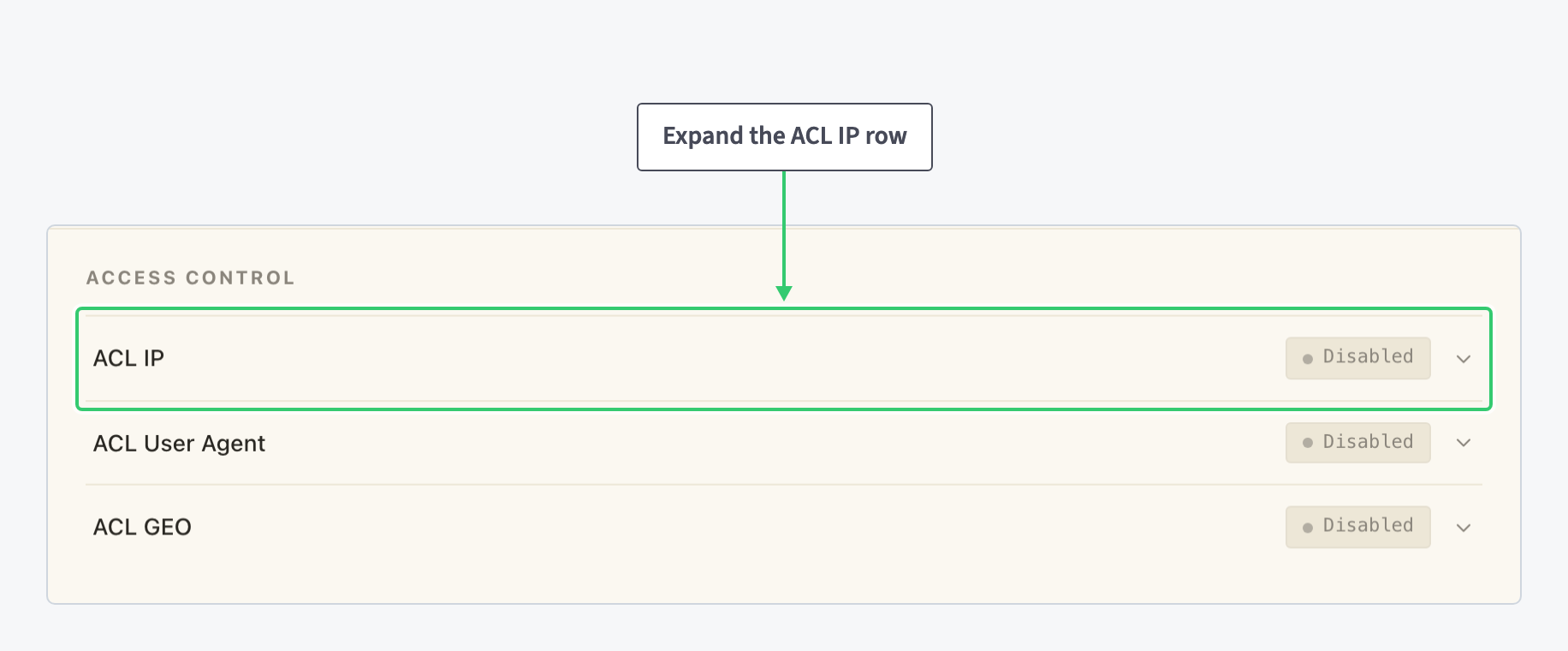 Access Control section with the collapsed ACL IP, ACL User Agent and ACL GEO rows