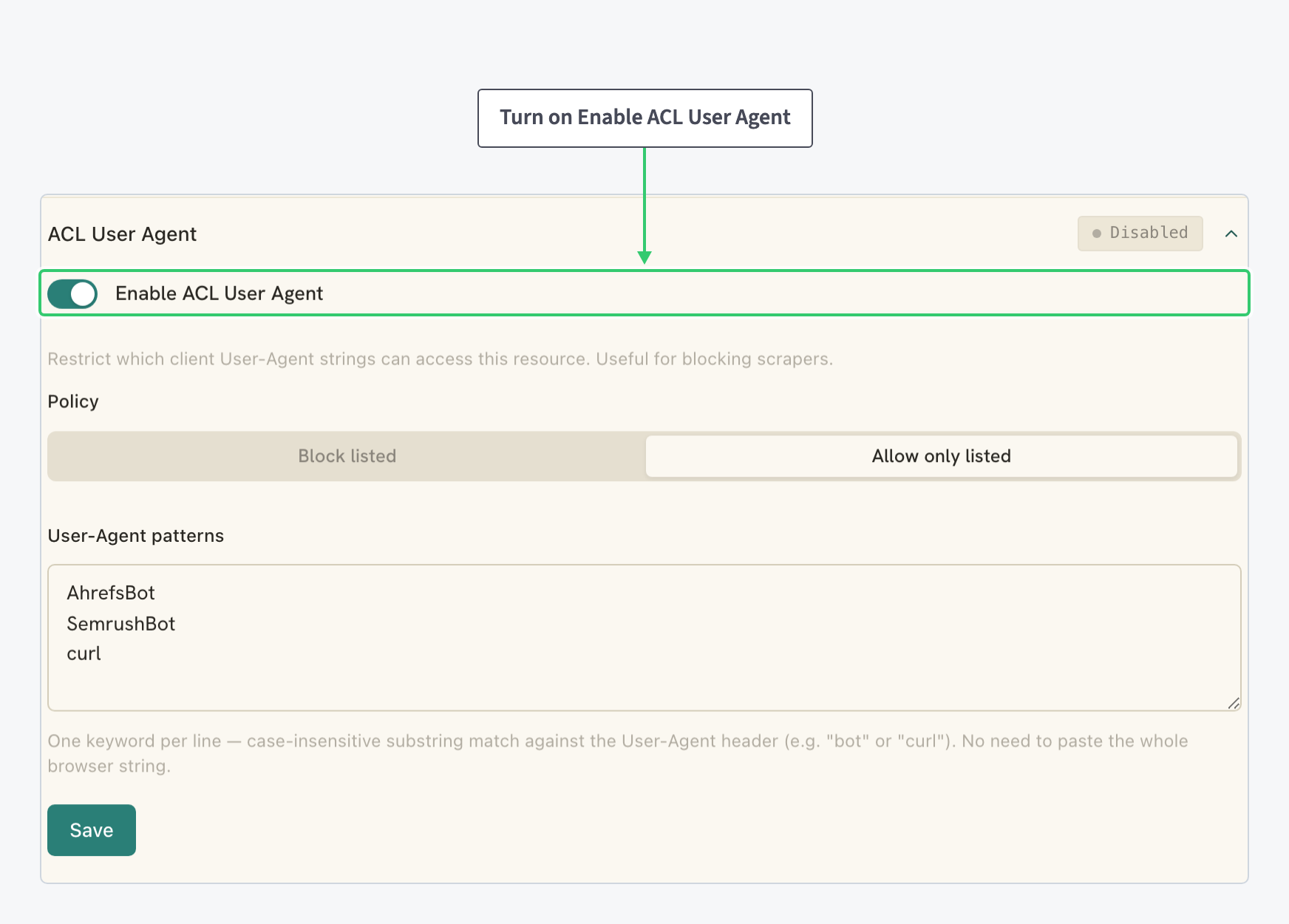 Expanded ACL User Agent editor with its policy control and the pattern list