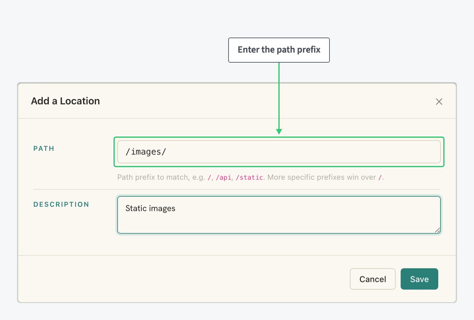 Add a Location dialog with the path prefix /images/ and a description filled in