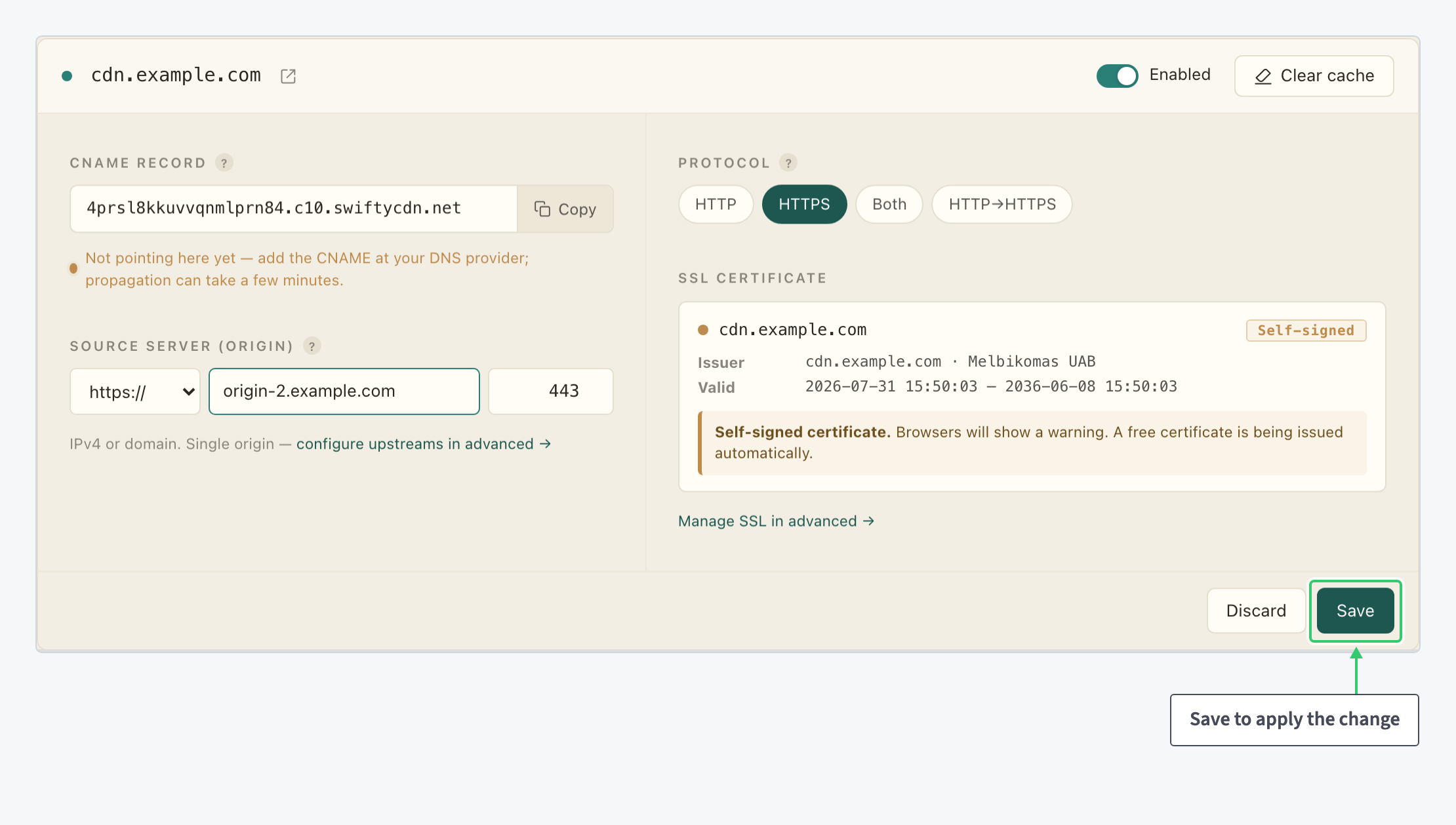Resource settings page with an edited origin and the Save button in the footer