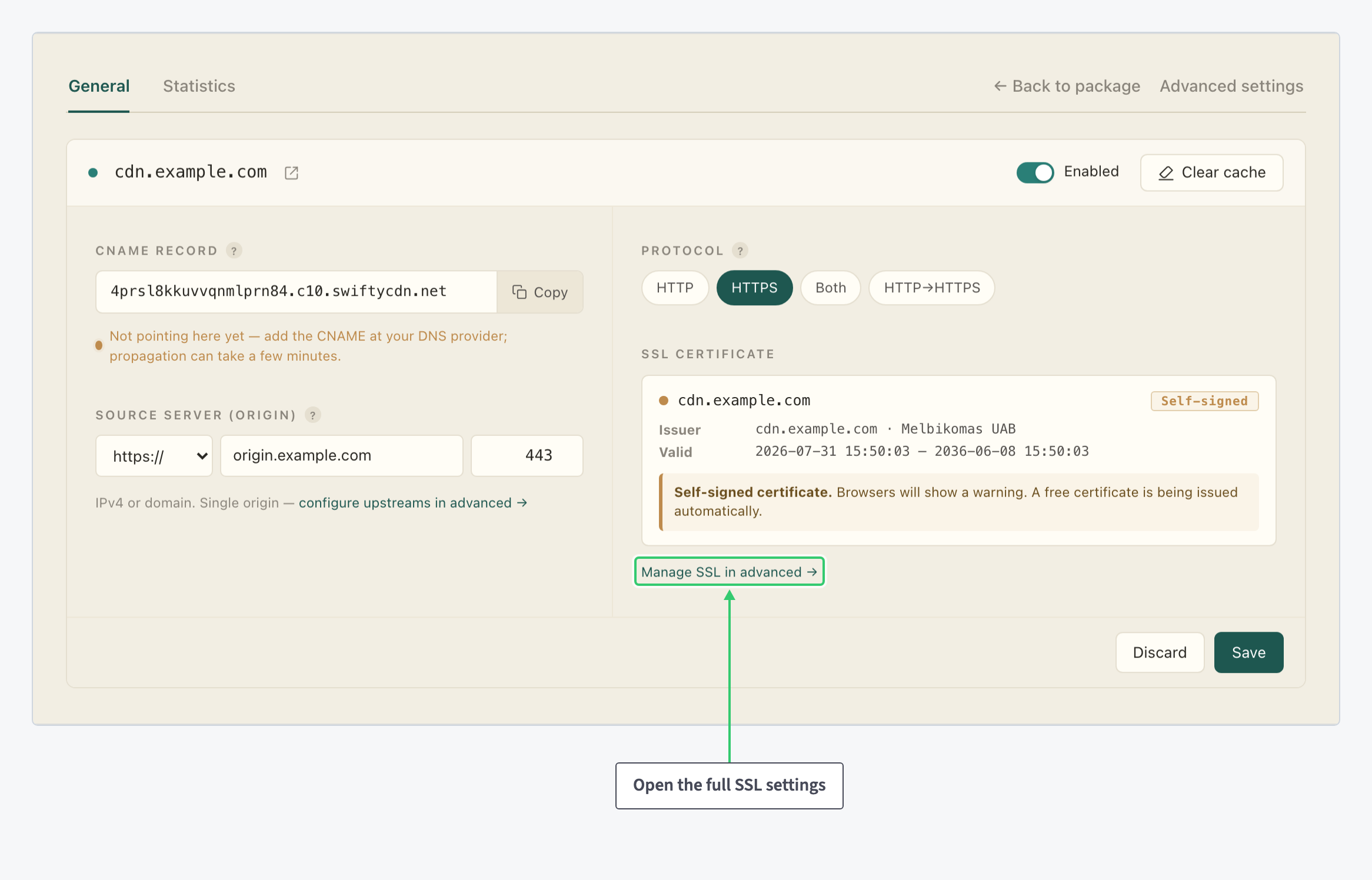 Resource settings showing the SSL certificate card and the Manage SSL in advanced link