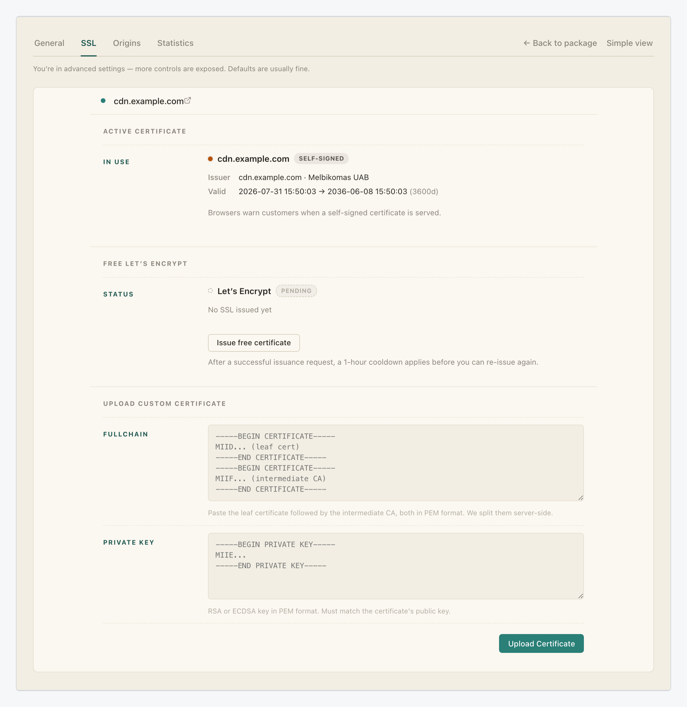 SSL tab showing the Active certificate, Free Let's Encrypt and Upload custom certificate sections