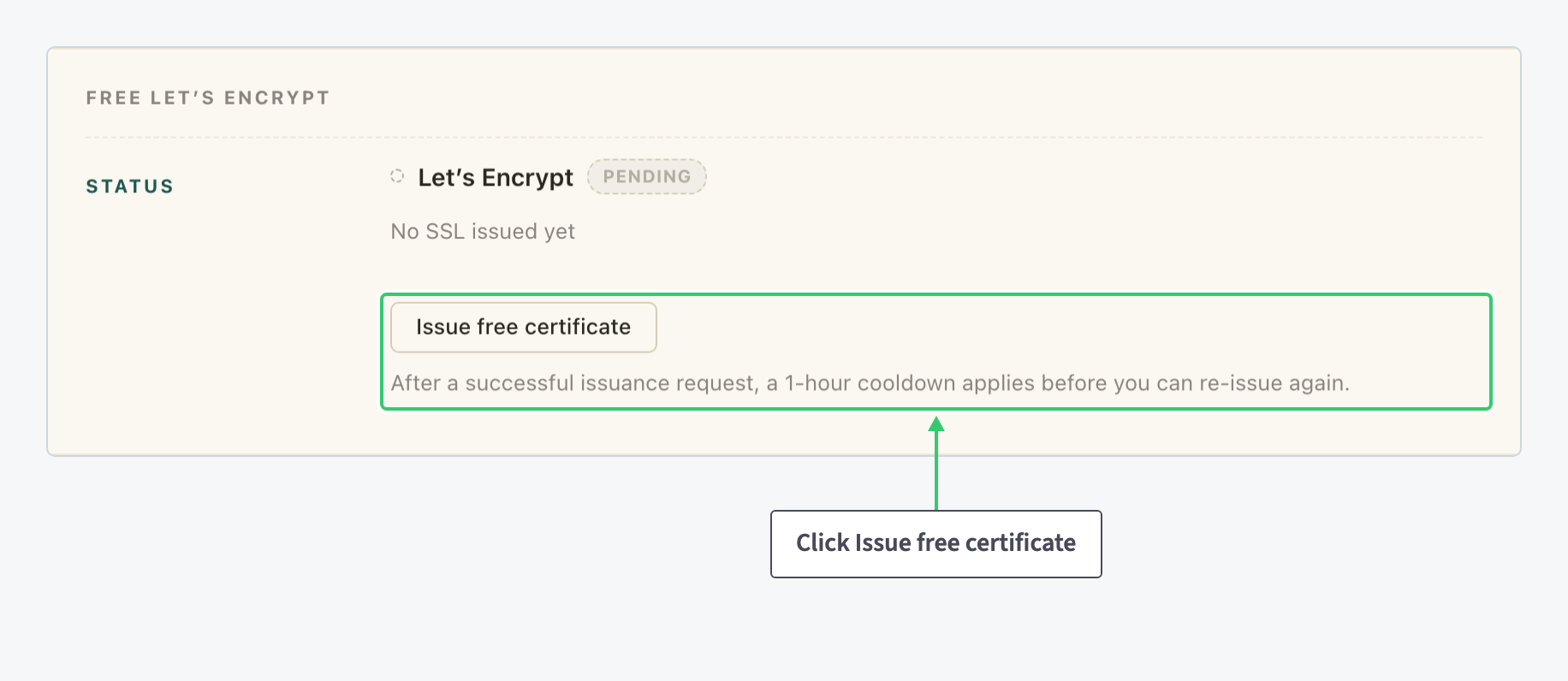 Free Lets Encrypt section of the SSL tab with the issue status and button
