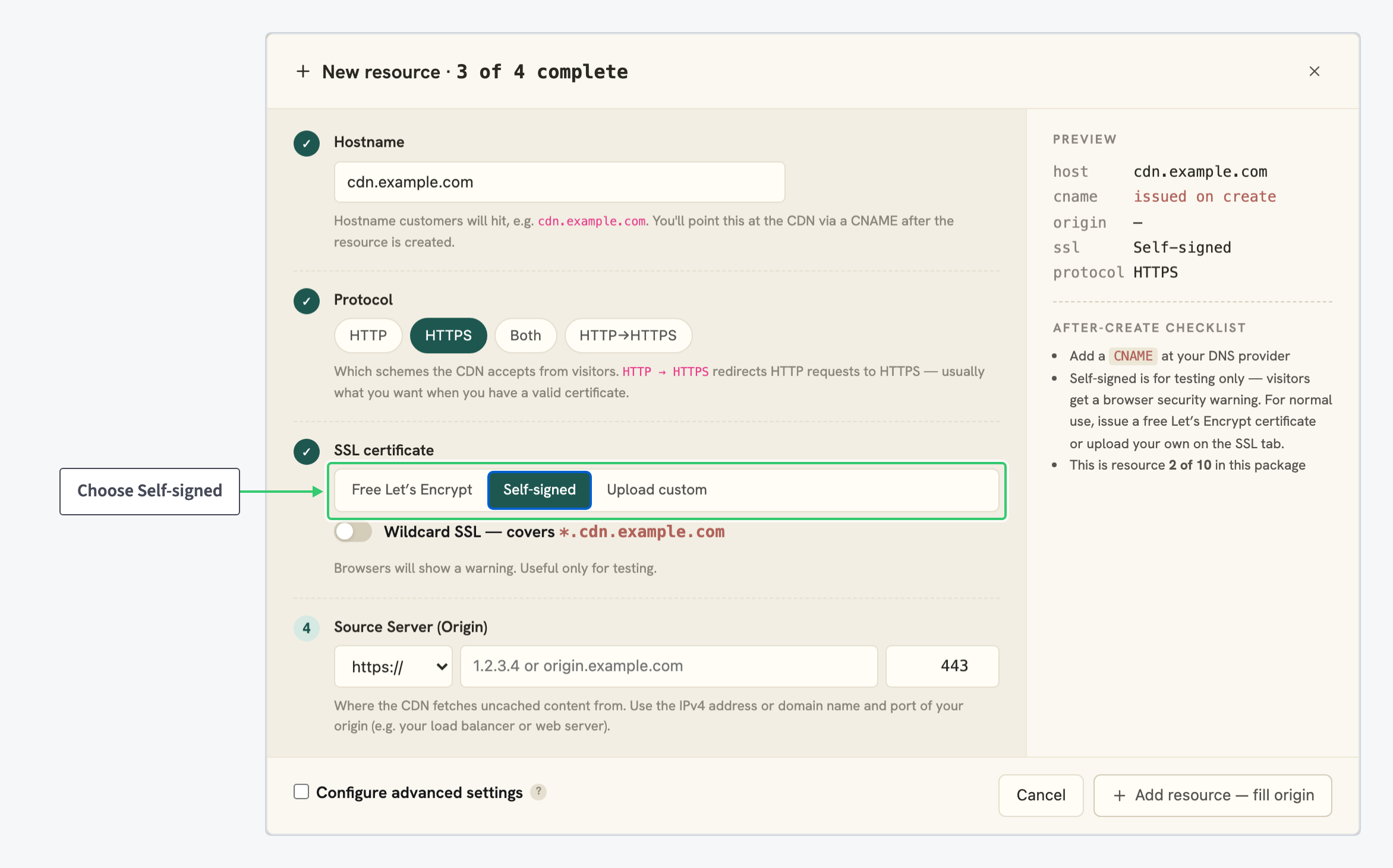 New resource wizard with the Self-signed SSL tab selected