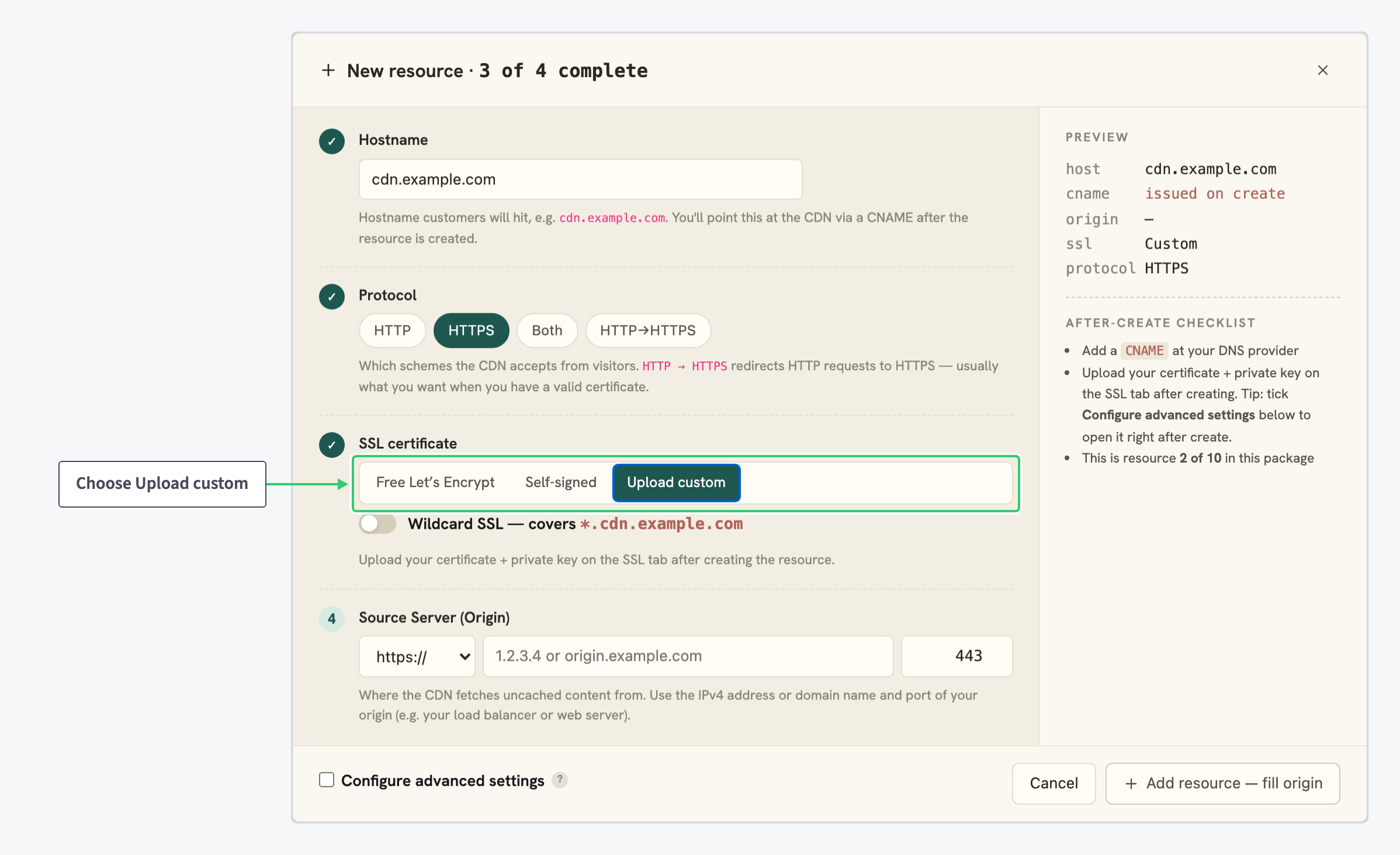 New resource wizard with the Upload custom SSL tab selected