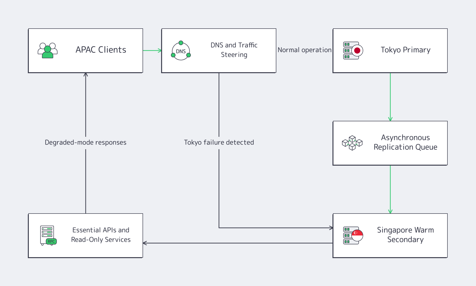 Tokyo primary with asynchronous replication to a warm Singapore failover