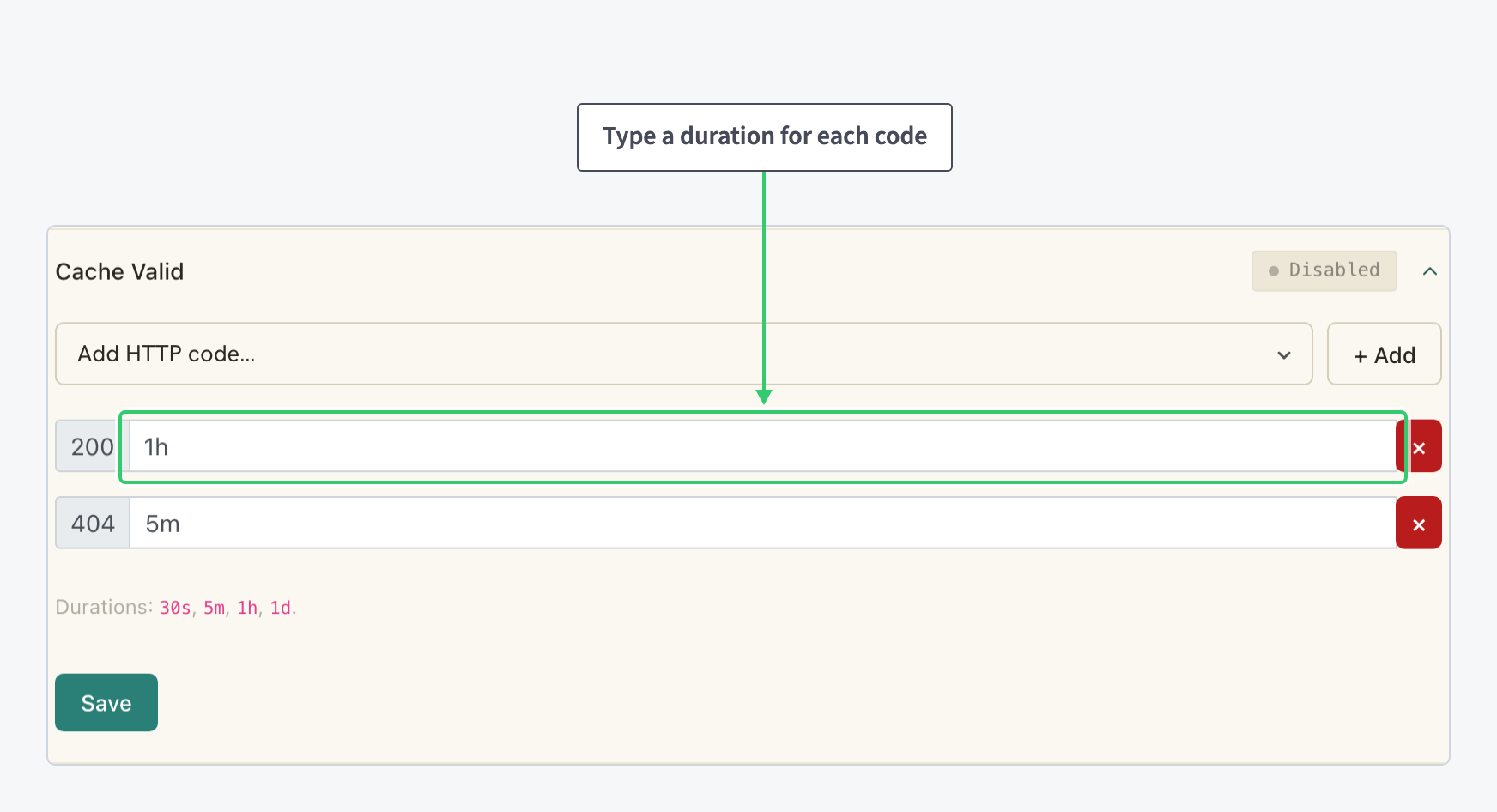 Cache Valid editor with duration rules staged for status codes 200 and 404