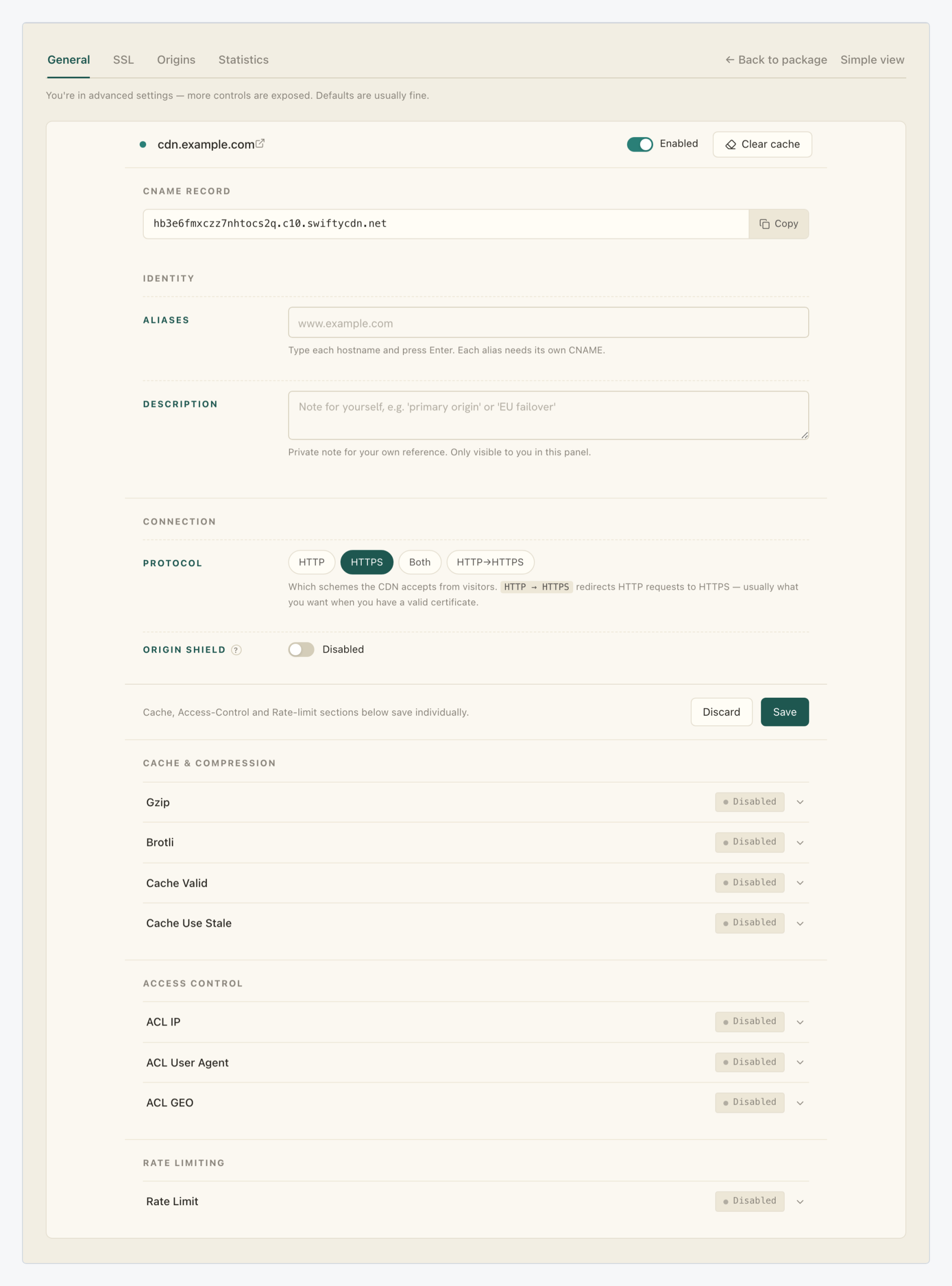 Advanced General settings of a CDN resource