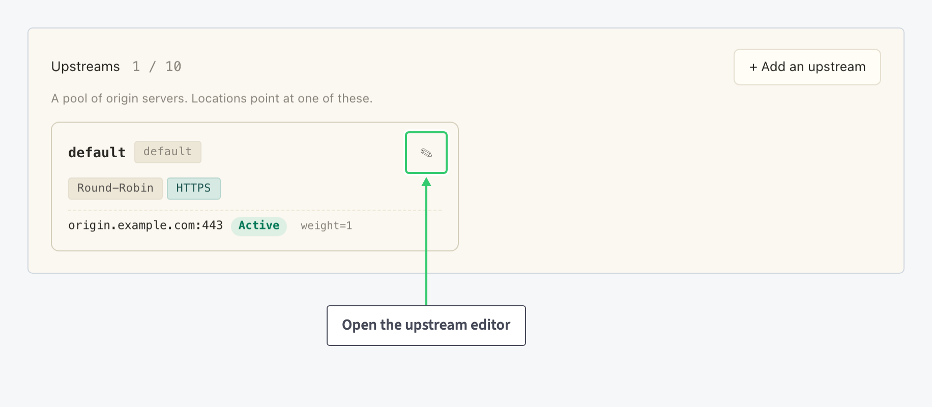 Upstreams panel with the default upstream card and its single origin server