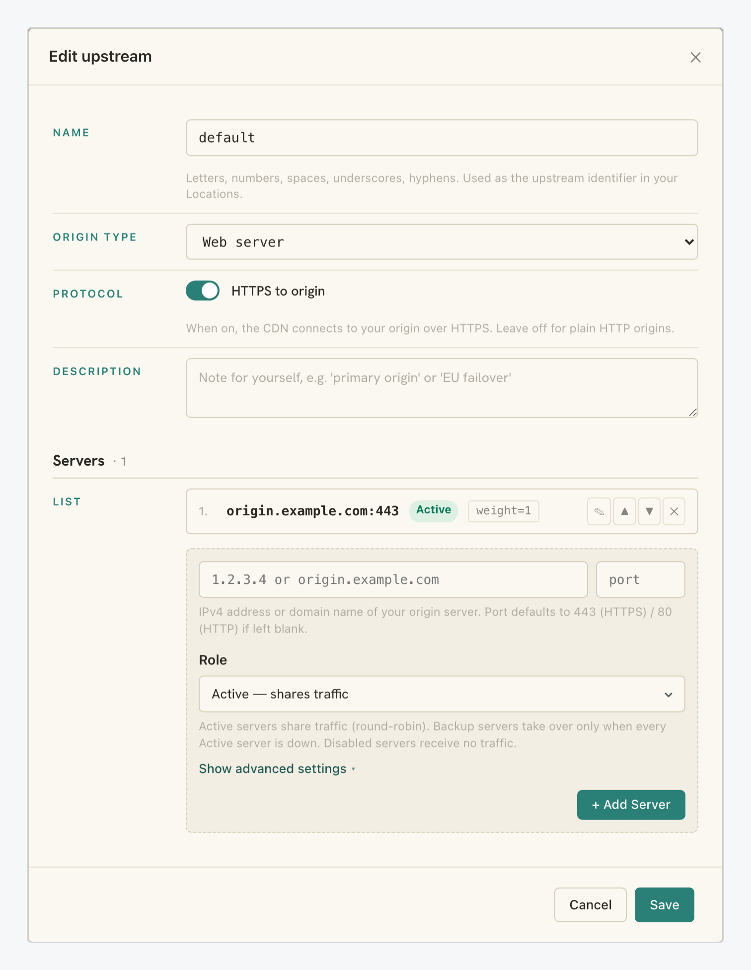 Edit upstream dialog with the server list and the add server form