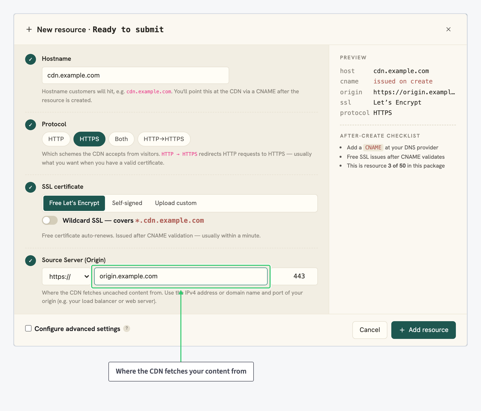 Source Server section of the new resource wizard with scheme, host and port fields