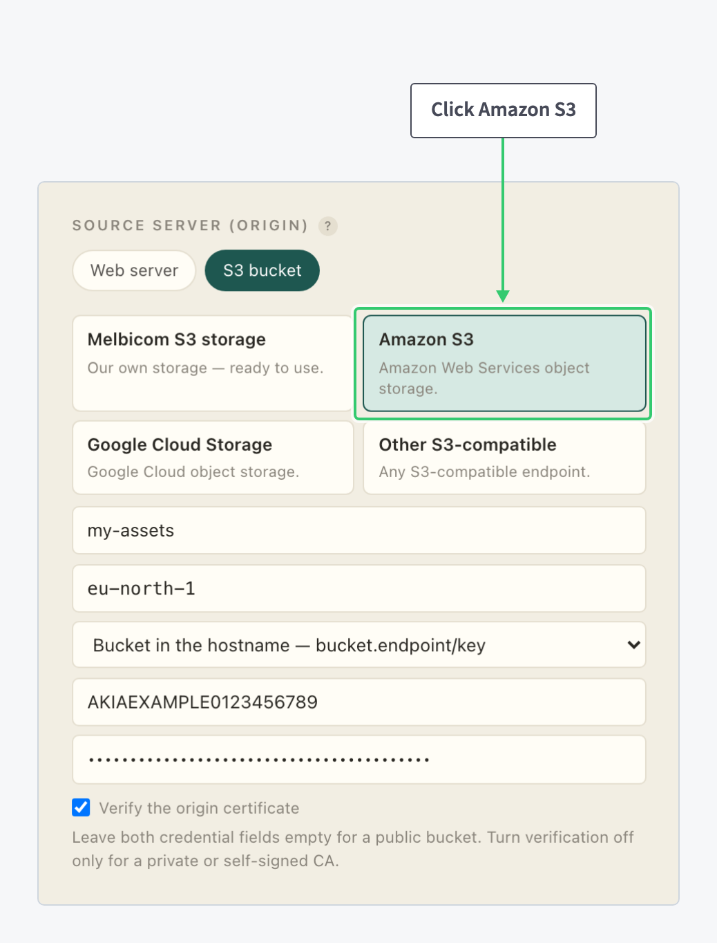 Source Server block with the Amazon S3 provider selected and its fields filled with example values